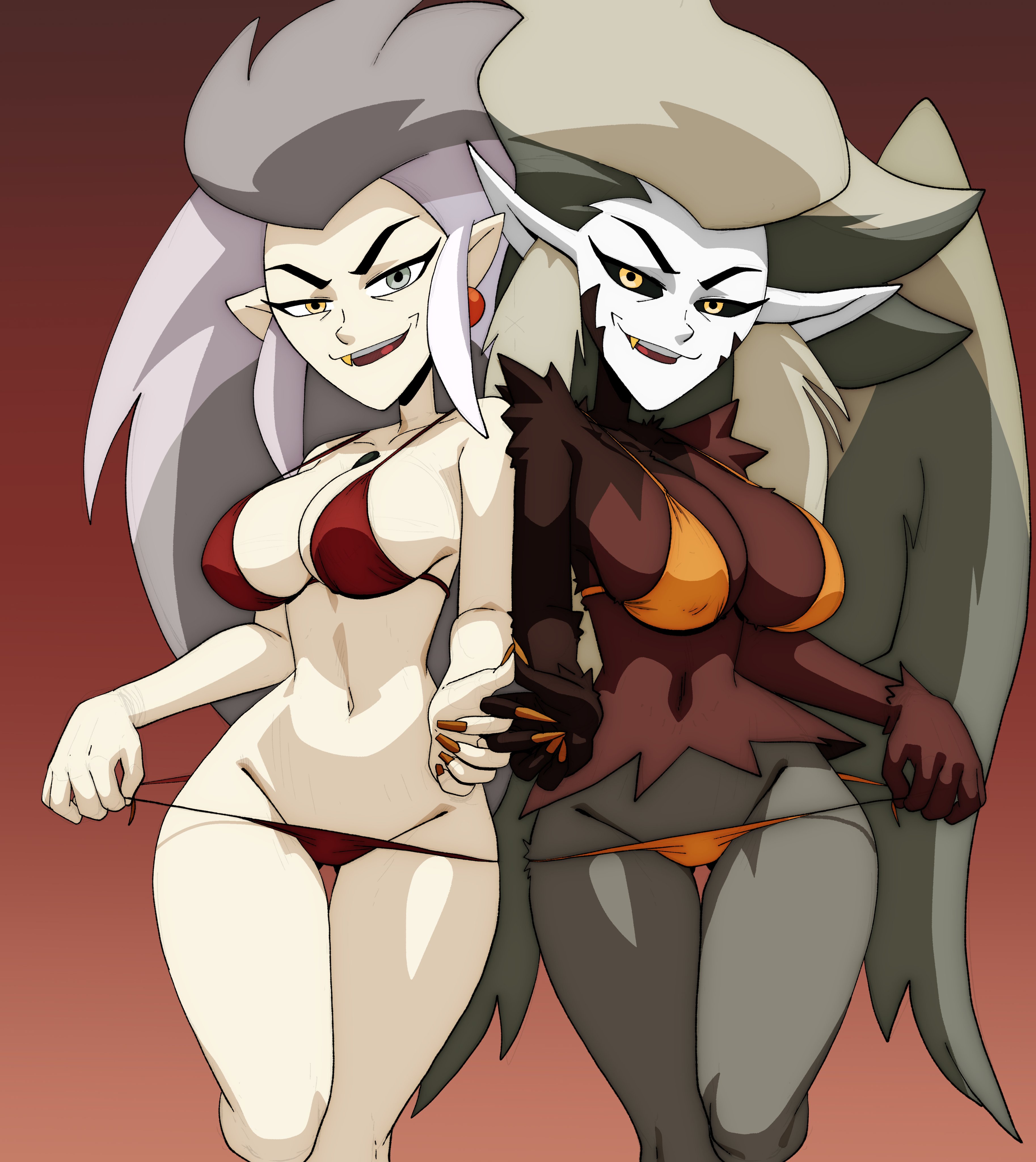 2girls, big breasts, bikini, disney, eda clawthorne, gray hair, harpy, harpy eda, inker comics, tagme, the owl house, thick thighs, witch