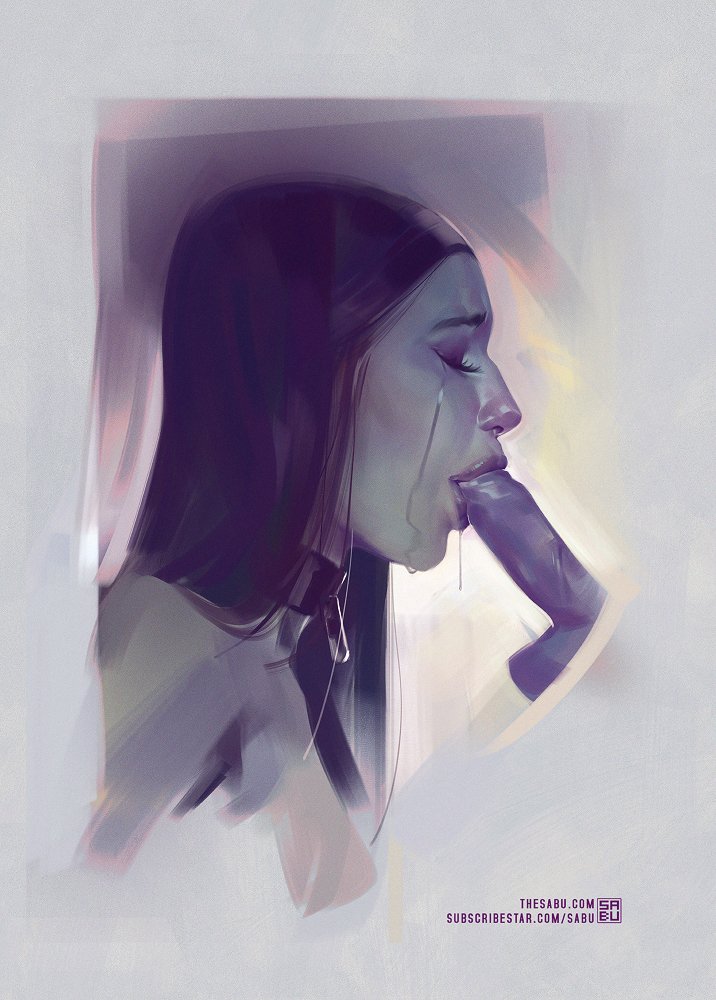 1boy, 1girls, character request, closed eyes, cock, collar, dick, fellatio, female, male, oral, painting (artwork), penis, questionable consent, sabudenego, series request, tears
