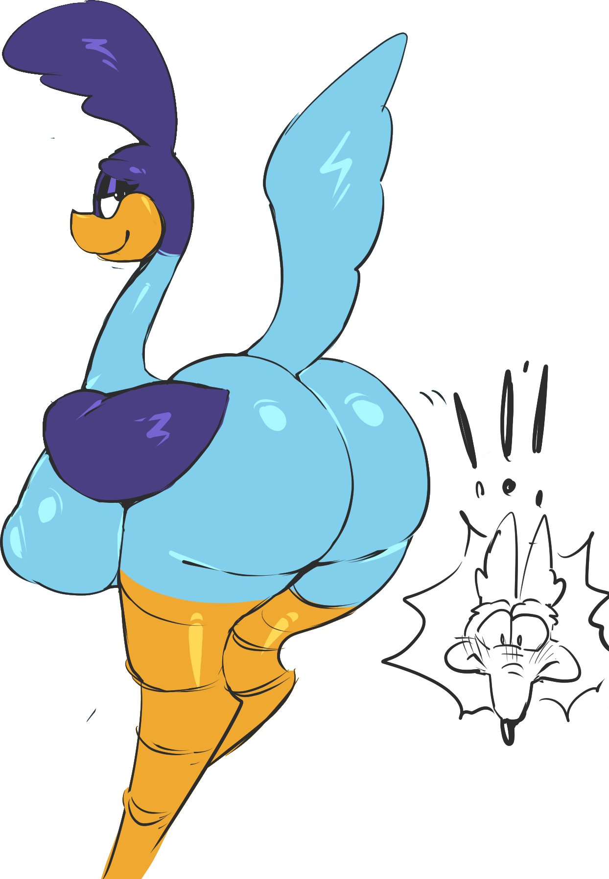 2026, anthro, avian, beak, big breasts, big butt, bird, blue body, blue feathers, blue tail, blue wings, breasts, butt, canid, canine, canis, coyote, crossgender, digital drawing (artwork), digital media (artwork), duo, emoji description, exclamation point, feathers, female, female focus, genderswap, genderswap (mtf), hi res, huge butt, looking back, looney tunes, mammal, mtf crossgender, nipple outline, nipples, non-mammal breasts, non-mammal nipples, road runner (looney tunes), simple background, smile, tail, tail feathers, tozamtr, warner brothers, white background, white sclera, wide hips, wile e. coyote, wings