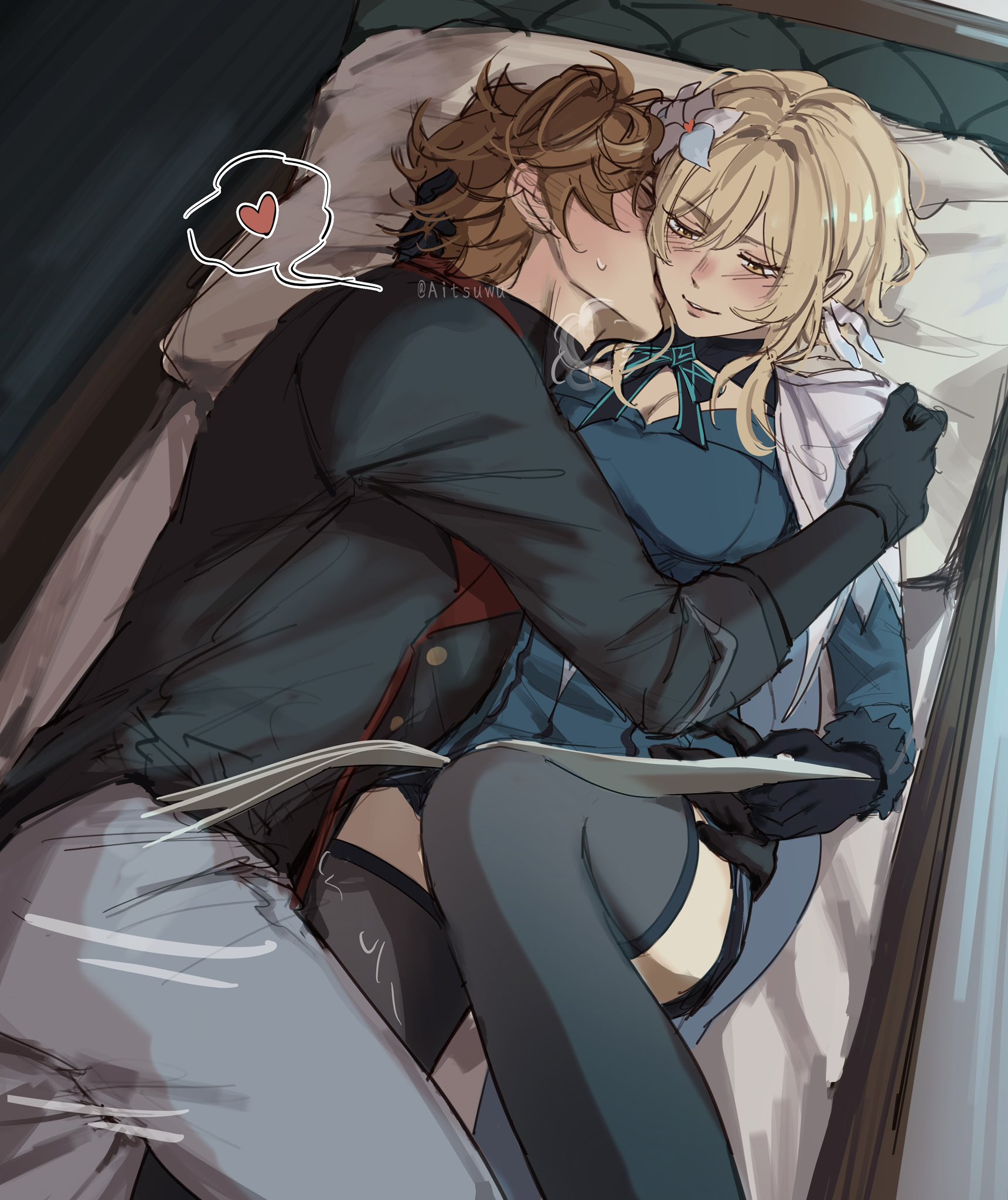 1boy, 1girls, aitsuwu, assertive male, blonde female, blonde hair, blush, blush lines, childe (genshin impact), female, flower in hair, genshin impact, ginger, ginger male, hand in hair, heart, hoyoverse, kiss, kissing neck, licking neck, light skin, lumine (genshin impact), male, male/female, mihoyo, on bed, reading, rubbing leg, small space, straight, suggestive, suggestive pose, tartaglia (genshin impact), thighhighs, visible breath