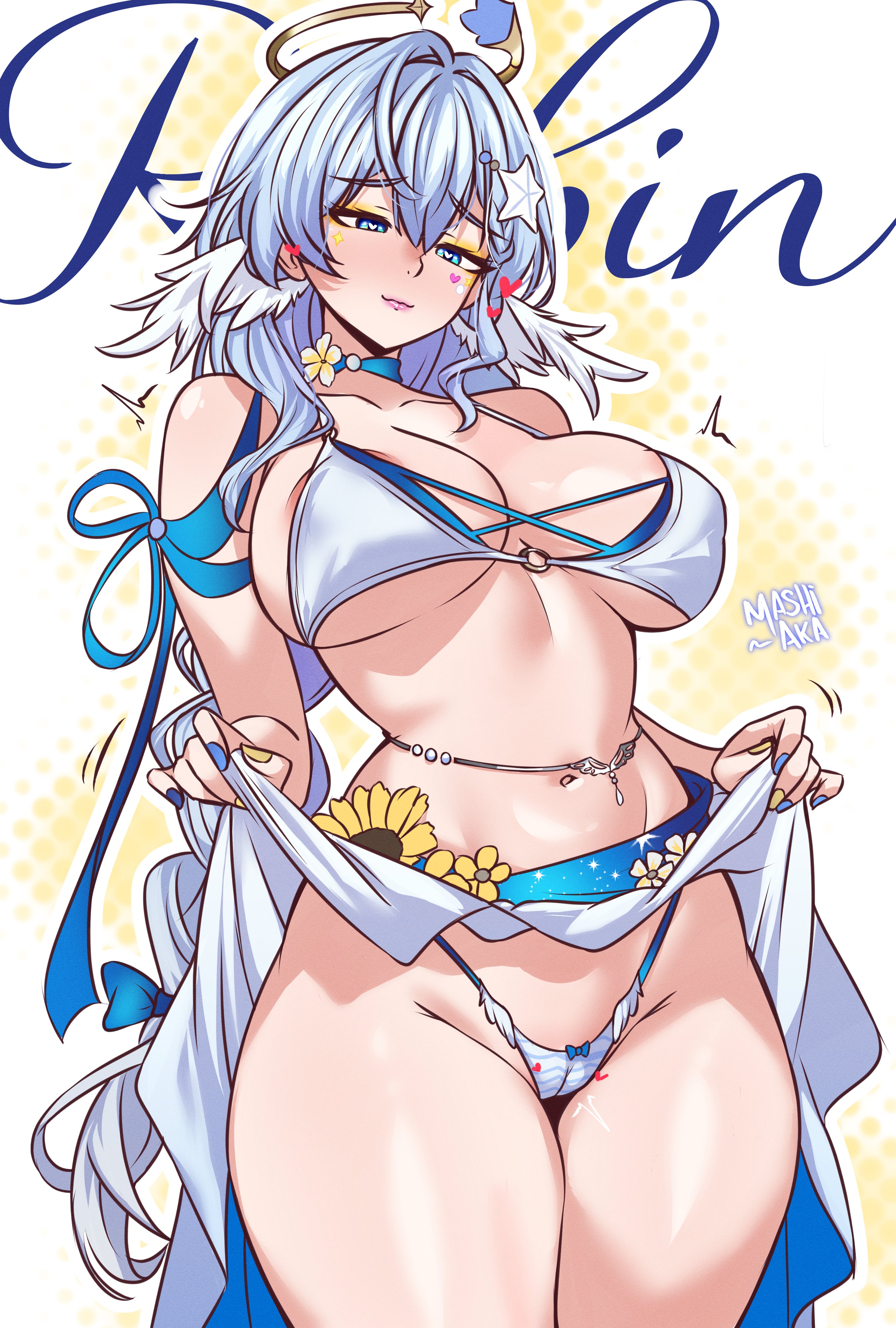 1girl, 1girls, absurdres, angel wings, artist name, ass, belly, belly button, big ass, big breasts, bikini, blue eyes, blue hair, blue nails, blush, blushing, bra, breasts, cameltoe, character name, cleavage, clothes lift, commentary, english commentary, face markings, female, female focus, female only, hair ornament, halo, head wings, heart, heart symbol, heart-shaped pupils, highres, hips, hips wider than shoulders, honkai (series), honkai: star rail, huge ass, huge breasts, lifting own clothes, long hair, looking down, makeup, mashiaka, navel, panties, pink lipstick, robin (honkai: star rail), robin (summeretto) (honkai: star rail), sarong, sarong lift, sideboob, simple background, solo, starfish hair ornament, stomach, swimsuit, symbol-shaped pupils, text, thick thighs, thighs, very long hair, white background, white bikini, white sarong, white wings, wings, yellow mascara, yellow nails