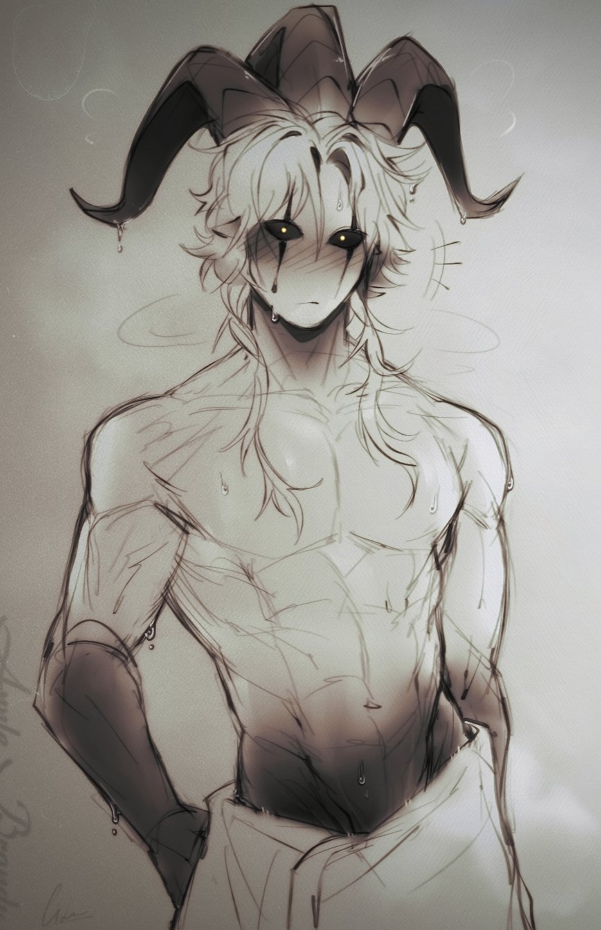 after bath, black and white, blush, blushing, blushing at another, blushing at viewer, blushing face, blushing male, flustered, flustered male, gradient skin, horns, long hair, long white hair, monster boy, muscles, muscular, muscular male, pale, pale body, pale skin, pale-skinned male, partially clothed, partially clothed male, partially nude, partially undressed, pierrot (the freak circus), solo, solo focus, solo male, the freak circus, towel around waist, towel only, visible muscles, yellow eyes
