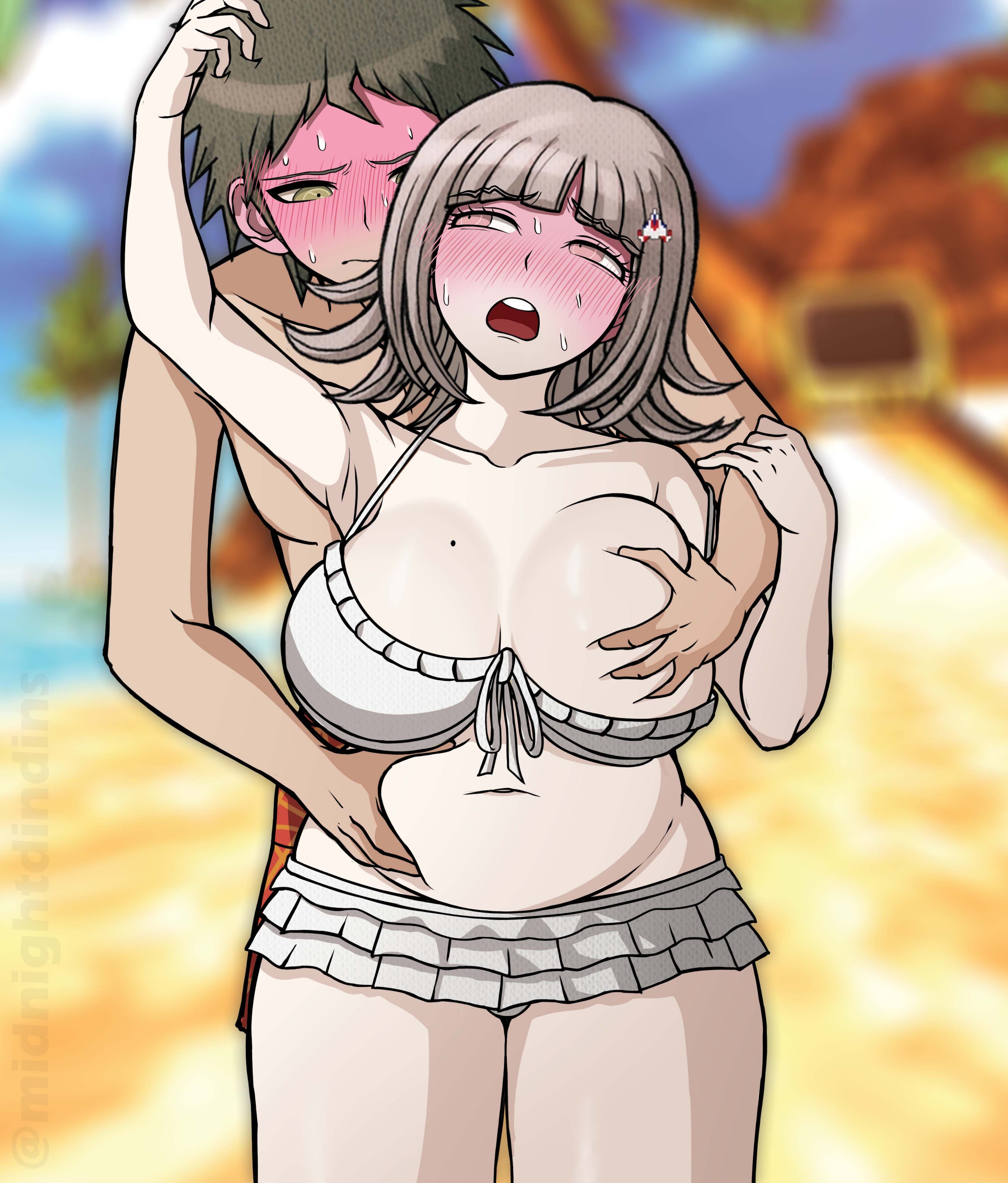1boy, 1girls, alternate body type, beach, big breasts, bikini, blushing, busty, busty female, chubby female, clothed, curvaceous, curvy, curvy body, curvy female, curvy figure, curvy hips, danganronpa, danganronpa 2: goodbye despair, danganronpa 2x2, hand on belly, hand on breast, hand on head, hinata hajime, hourglass figure, huge breasts, large breasts, male/female, middinos, midnightdindins, nanami chiaki, nervous, official artwork edit, open mouth, shorter female, sprite edit, sweatdrop, sweating, swimsuit, taller male, voluptuous, voluptuous female, white clothing