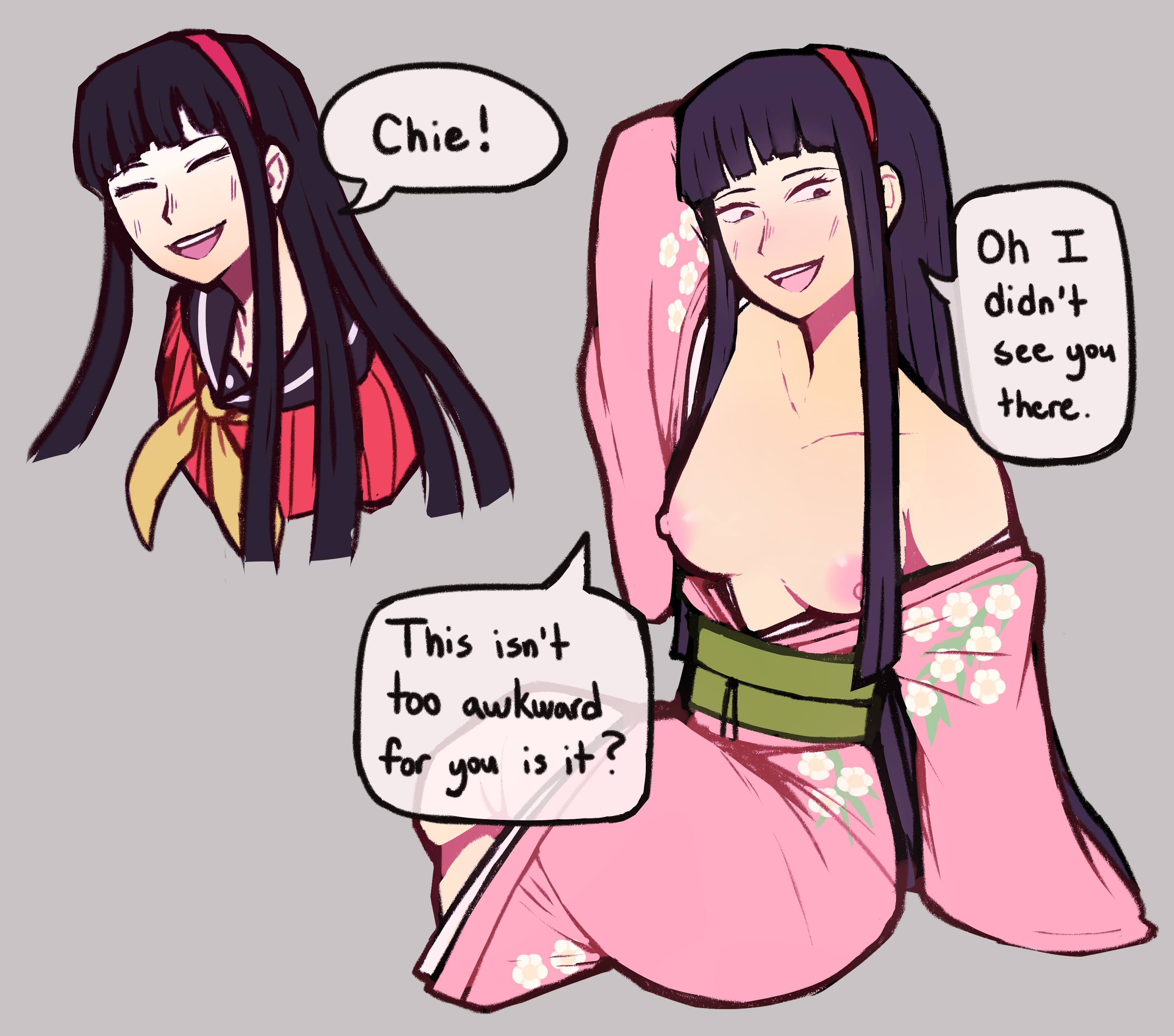 2girls, amagi yukiko, atlus, black hair, blush, breasts, breasts out, dialogue, drunk, female, kimono, long hair, multiple females, multiple girls, persona, persona 4, seductive, shaigoho, text, topless