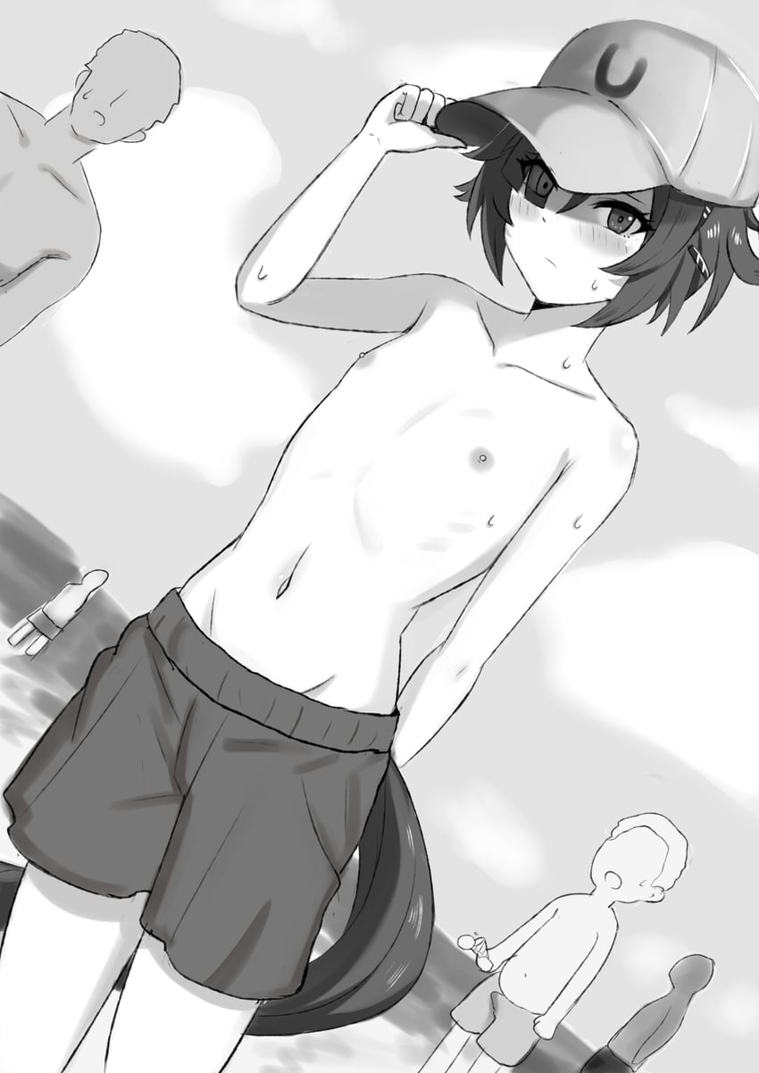 animal ears, beach, believe (umamusume), blush, boner, boner in pants, boner under clothes, female, flat chest, grayscale, greyscale, hat, horse ears, horse girl, horse tail, male, male swimwear challenge, monochrome, nipples, public, public exposure, shirtless, short hair, swim trunks, tail, umamusume, umamusume pretty derby, water, wuwusan