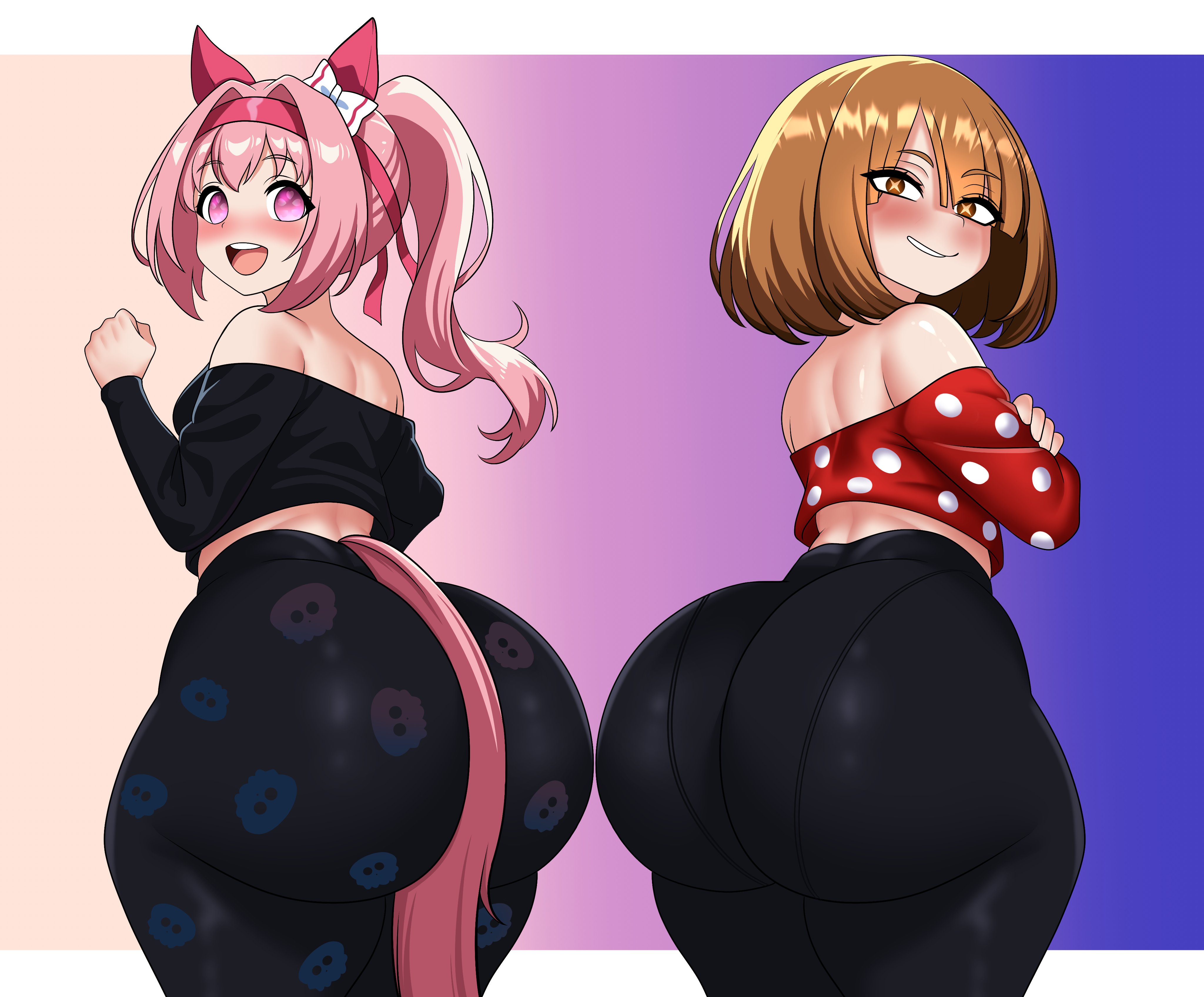 2girls, ass focus, bare shoulders, between buttocks, big ass, blush, boku no hero academia, bow, brown eyes, brown hair, clothed, crossed arms, crossover, female, female only, gabrielvizari, hairband, hairbow, hand on hip, hand up, haru urara (umamusume), horse ears, horse girl, horse tail, komori kinoko, light skin, light-skinned female, long hair, looking back, my hero academia, pink eyes, pink hair, ponytail, rear view, short hair, tail, umamusume, x-shaped pupils