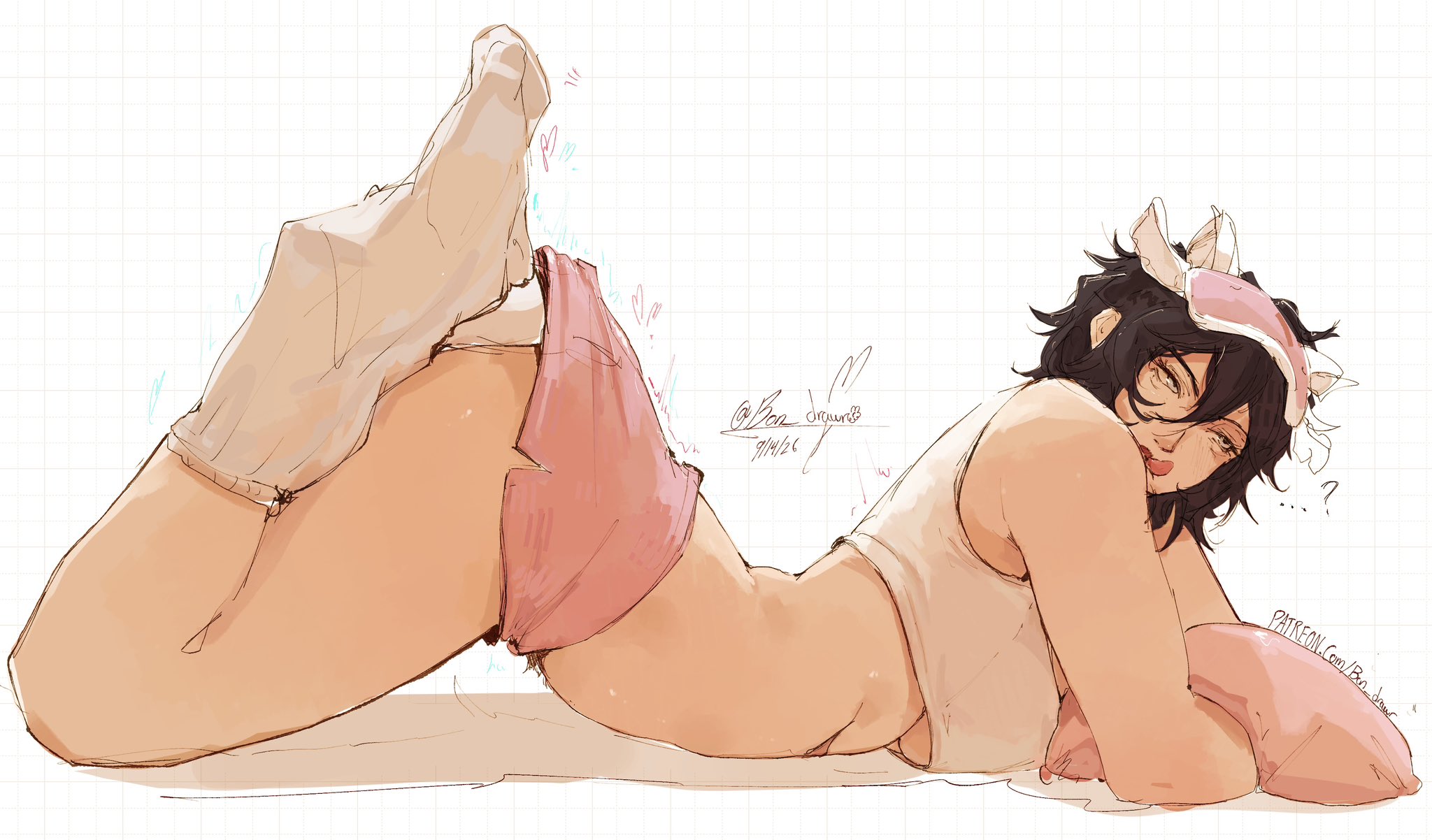 1girls, 2d, ass, ass peek, big ass, big breasts, bon drawr, cleavage, female, female only, fully clothed, jubilation lee, jubilee, jubilee (marvel rivals), jubilee (vampy jammies), marvel, marvel rivals, pajamas, pillow, shorts, sleepy, solo, thick thighs, underboob