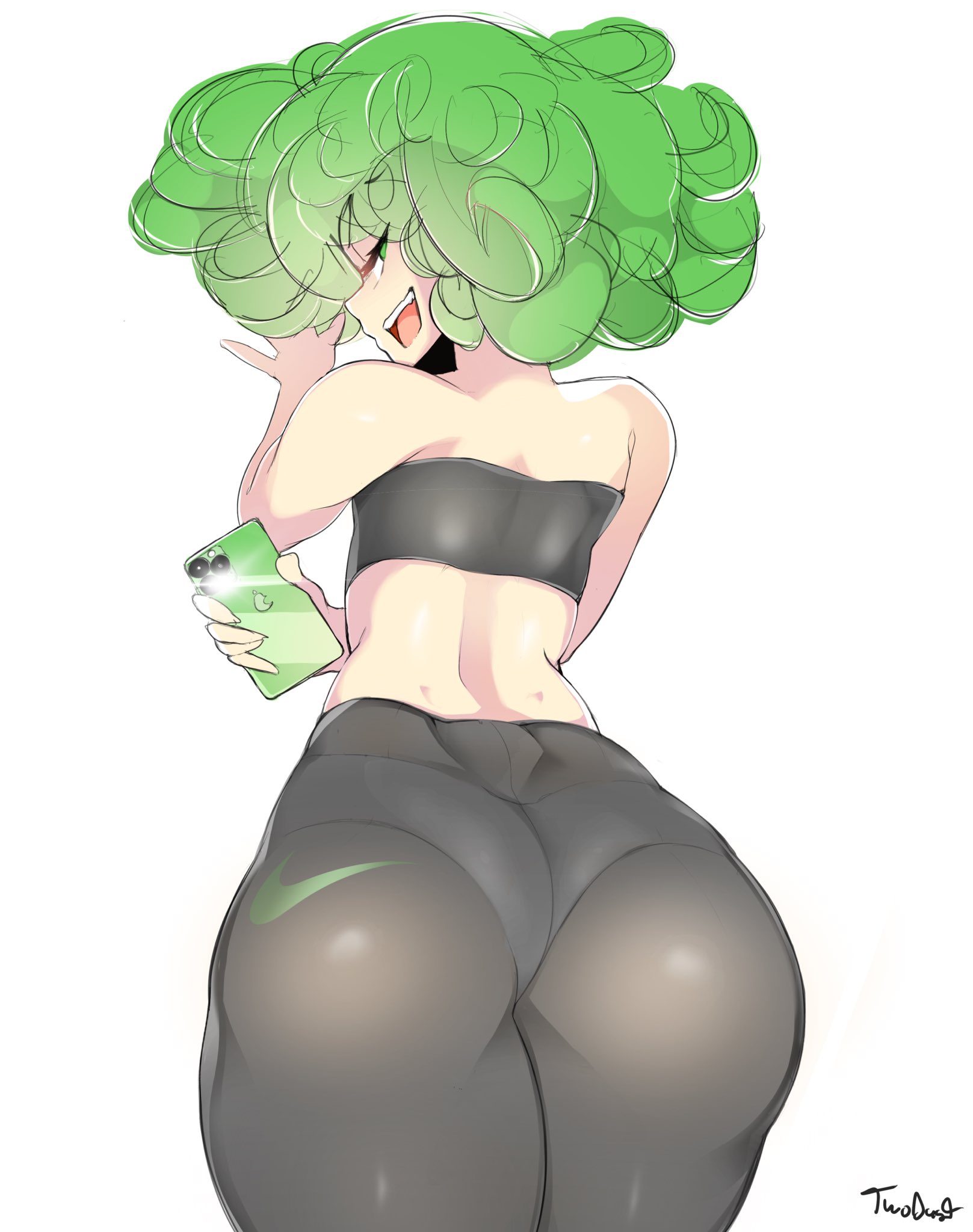 1girls, ass, ass focus, bubble ass, bubble butt, female, green hair, huge ass, looking back, one-punch man, panties, pantyhose, pantylines, solo, sports bra, tatsumaki, thick thighs, twodust
