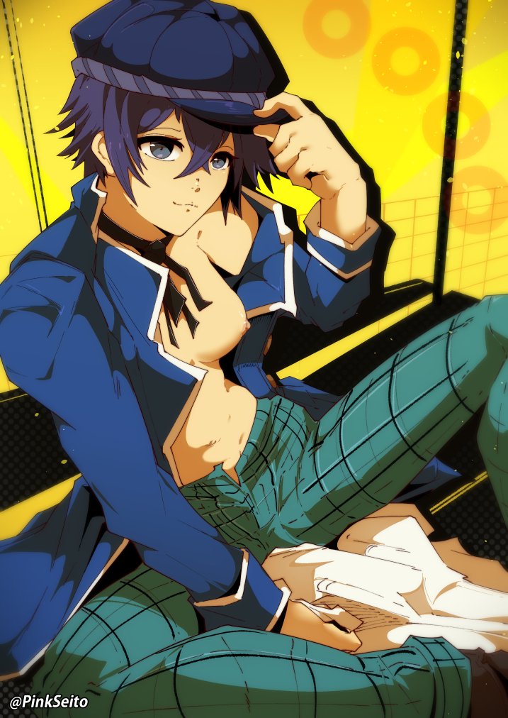 1girls, atlus, blue eyes, blue hair, breasts, breasts out, crossdressing, female, hat, necktie, necktie between breasts, persona, persona 4, pinkseito, shirogane naoto, short hair, small breasts, smile, solo