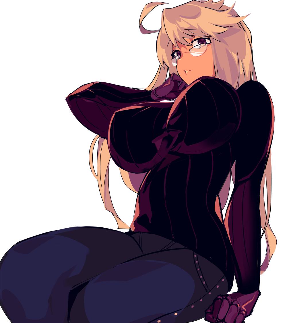 1girls, 235waiwai, ahoge, alma armas, blonde hair, breasts, female, glasses, jeans, large breasts, long hair, perky breasts, solo, turtleneck, va-11 hall-a