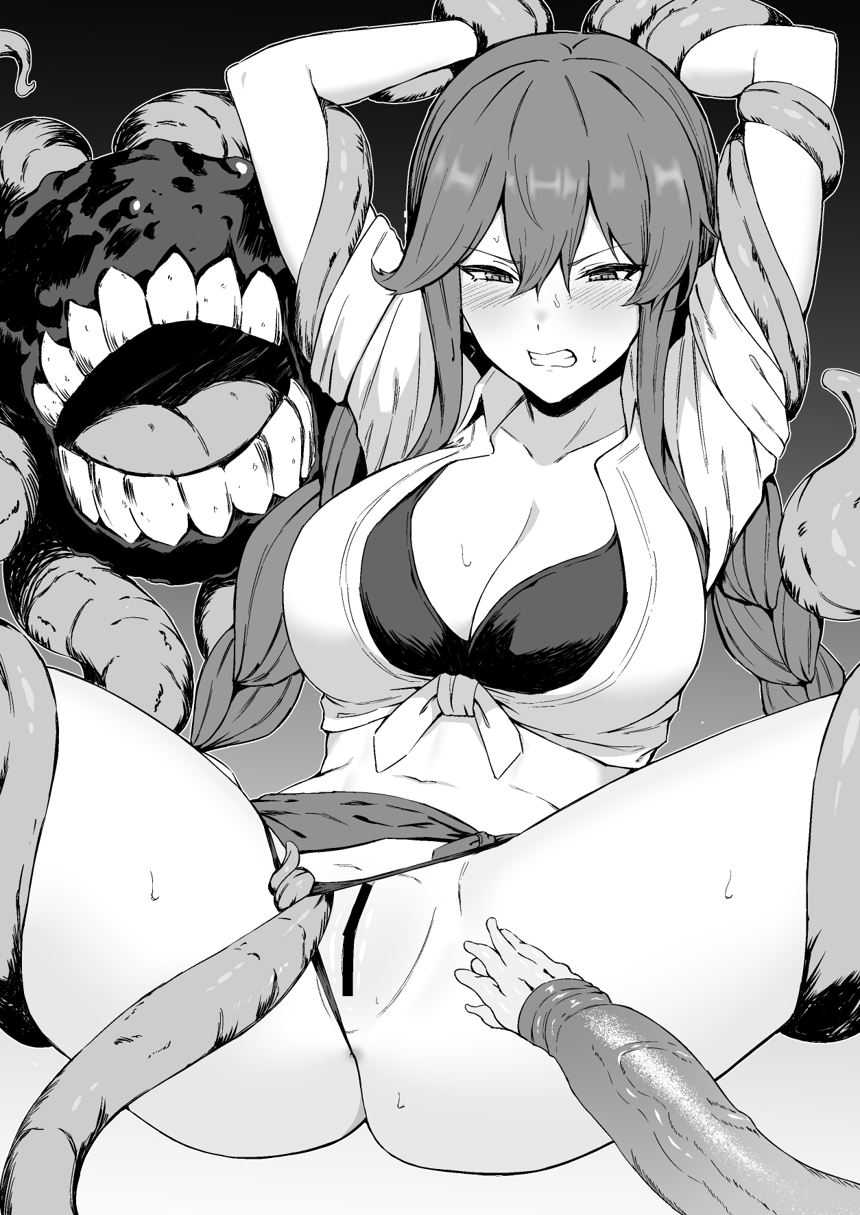 anus_peek bangs bar_censor bikini bikini_pull blush braid breasts censored cleavage clenched_teeth clothes_pull enemy_naval_mine_(kantai_collection) eyebrows_visible_through_hair female greyscale hair_between_eyes highres imminent_penetration kantai_collection large_breasts long_hair monochrome navel noshiro_(kantai_collection) pussy restrained shinkaisei-kan shirt solo solo_focus spread_legs sweat swept_bangs swimsuit swimsuit_under_clothes takaman_(gaffe) teeth tentacle tied_shirt twin_braids