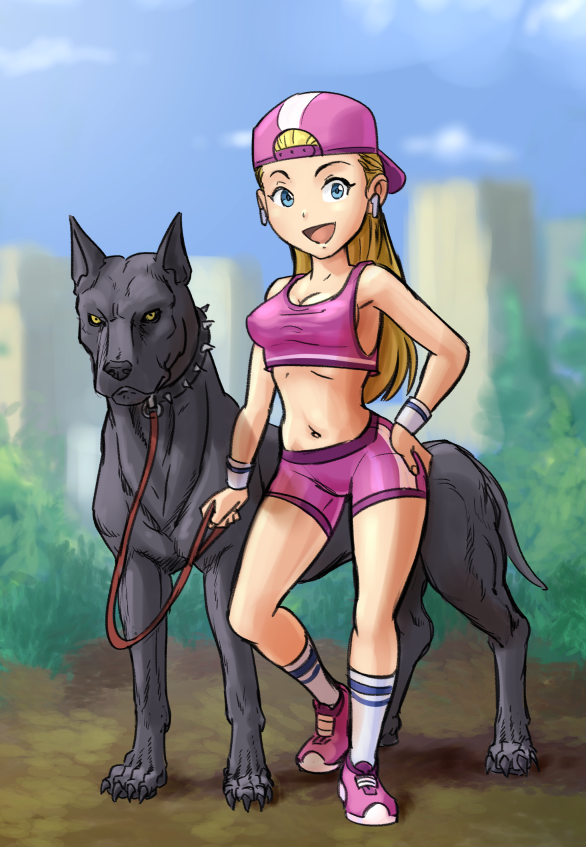 blonde_hair blue_eyes canine female interspecies joachim outdoors pink_clothing posing smile sports_bra sportswear suggestive yellow_eyes zoophilia