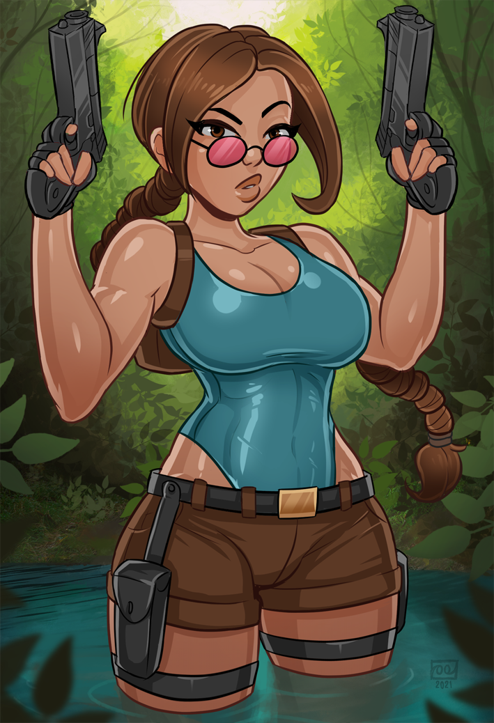 1girls, bag, bimbo, blue one-piece swimsuit, braid, breasts, brown eyes, brown hair, curvy, eyewear, female, female focus, female only, fingerless gloves, firearm, glasses, gloves, gun, handgun, handwear, highleg, highleg swimsuit, holding, holding weapon, human, jungle, lara croft, lara croft (classic), large breasts, lips, long braid, long hair, looking at viewer, looking over eyewear, looking over glasses, looking over sunglasses, low-tied long hair, monolithic-sloth, nature, one-piece swimsuit, pants, public, red-tinted eyewear, shiny clothes, shiny skin, short shorts, shorts, single braid, solo, solo female, solo focus, standing, sunglasses, swimsuit, swimsuit under clothes, thick thighs, thighs, tinted eyewear, tomb raider, tomb raider (classic), water, weapon, wide hips