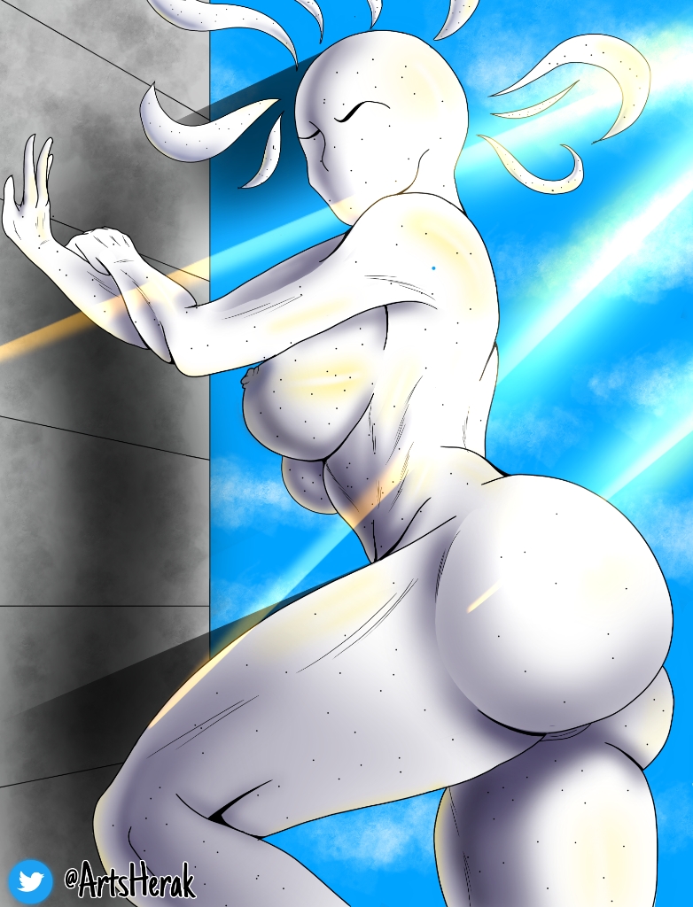 1girls big_ass big_breasts cloud day faceless_female female herak light_skin lux_aura monster_legends simple_background sky sunlight white_body white_hair