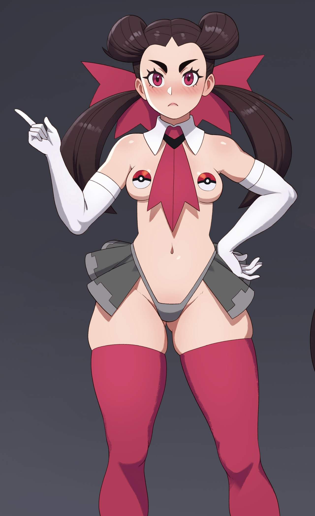 1girls bare_shoulders belly_button blush breasts brown_hair elbow_gloves female female_focus female_only gloves hair_ribbon hi_res necktie nintendo pasties pink_eyes poke_ball_pasties pokemon pokemon_rse rizdraws roxanne_(pokemon) skirt slutty_outfit small_breasts solo source_request thick_thighs thighhighs thighs twintails year_request