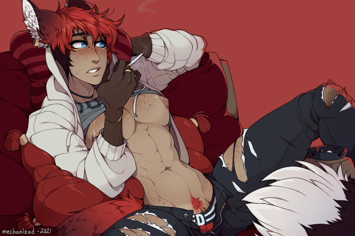 aiden o'sullivan, cuntboy, fox ears, intersex, male, mechanized, red hair, trap