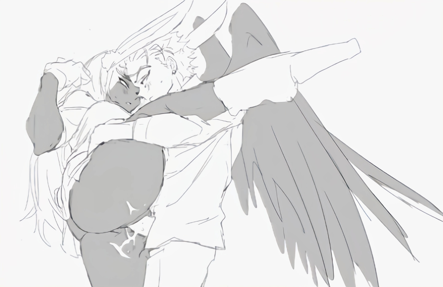 1boy, 1girls, ass, breasts, bunny ears, clothed sex, cum, cum in pussy, dark skin, dark-skinned female, eye contact, featureless breasts, female, female penetrated, hawks (my hero academia), keigo takami, leg grab, light skin, light-skinned male, looking at another, male, male/female, miruko, monochrome, my hero academia, no nipples, penis, penis in pussy, piercing, pussy, rumi usagiyama, sex, shounen jump, splits, standing sex, straight, vagina, vaginal penetration, wings