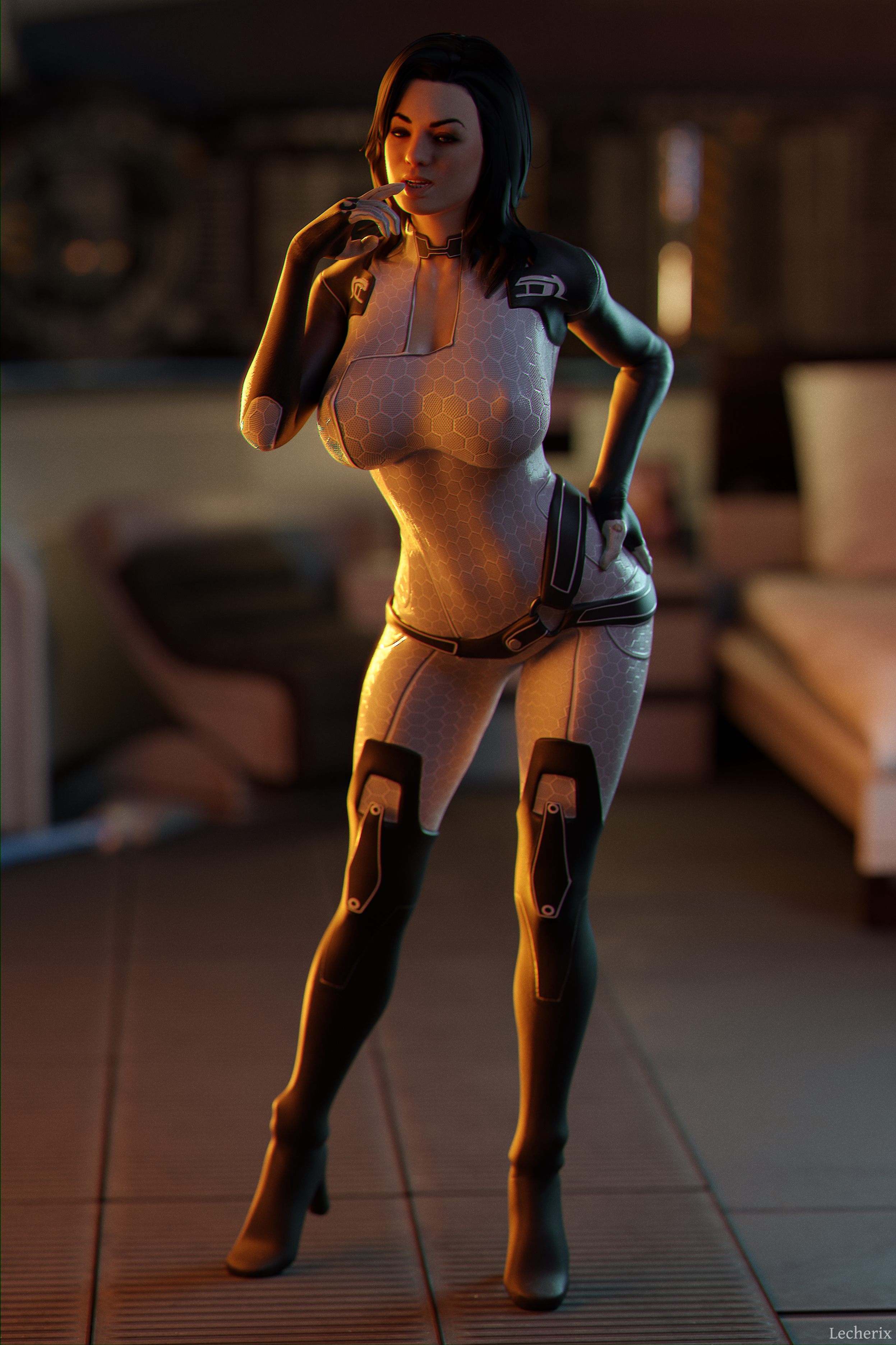 1girls, 3d, athletic, athletic female, depth of field, female, female only, human, lecherix, mass effect, miranda lawson, pinup, solo
