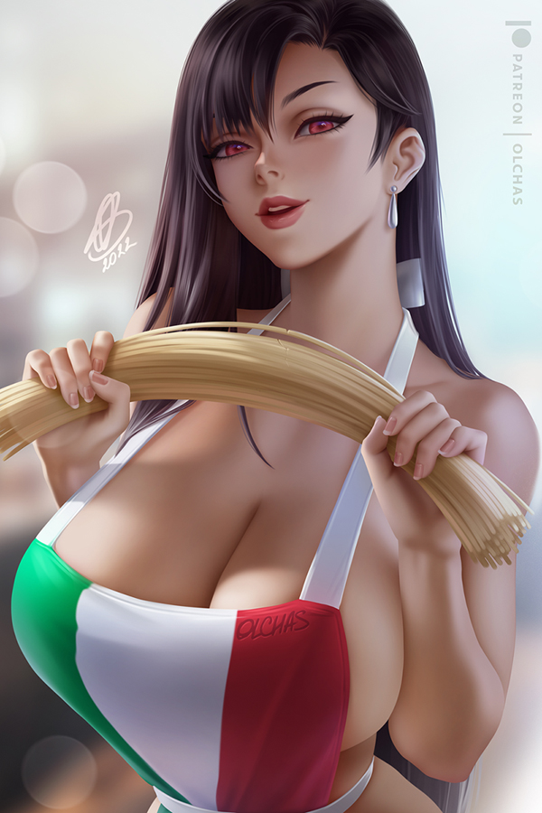 1girls 2022 alternate_breast_size apron apron_only artist_signature big_breasts blurry_background breasts brown_hair cleavage earring female female_only final_fantasy final_fantasy_vii final_fantasy_vii_remake food heresy hips holding_object huge_breasts italian_flag italian_senate_hack large_breasts long_hair looking_at_viewer meme naked_apron naughty_face olchas pasta red_eyes slim_waist smile spaghetti square_enix suggestive_look tifa_lockhart watermark wide_hips