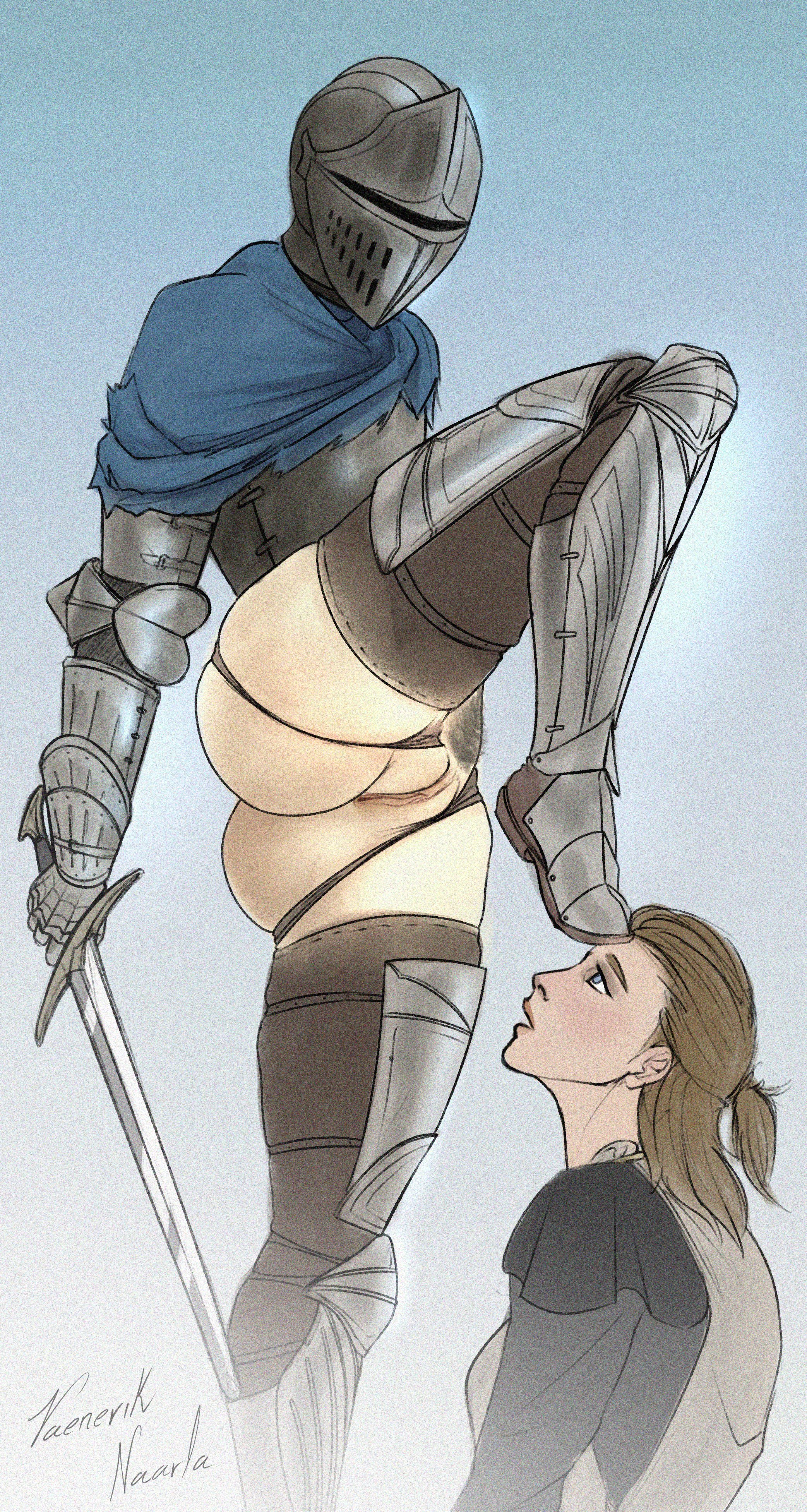 2girls, armor, armored boots, armored gloves, ass, ass focus, blue background, female, female focus, female knight, female only, gradient background, helmet, knight, medieval armour, mostly clothed, pussy, simple background, tagme, thighs, vaenerik naarla