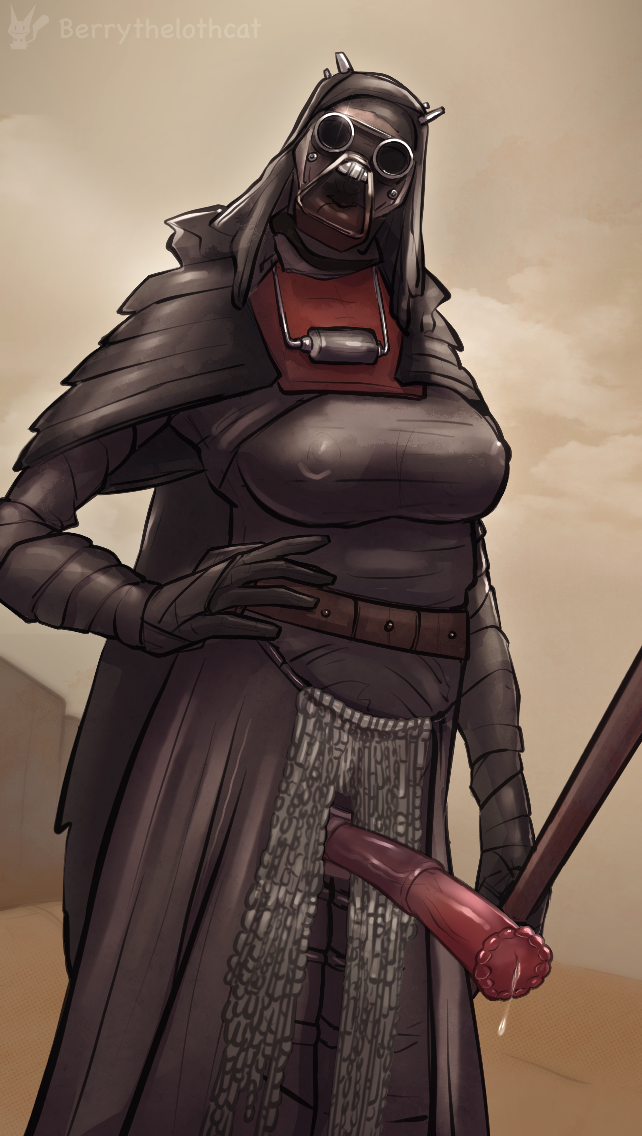 1futa, alien, alien girl, artist name, background, belt, berrythelothcat, big breasts, black clothing, breasts, clothed, clothing, clothing aside, desert, dildo, dripping, female, fully clothed, futa only, futanari, gaderffii, hand on hip, hand on waist, headgear, holding object, holding weapon, hood, horsecock, horsecock futa, huge breasts, humanoid, intersex, liquid, loincloth, loincloth aside, looking at viewer, melee weapon, milf, nipple bulge, outside, penis, robe, sex toy, solo, staff, standing, star wars, stick, strap-on, tatooine, the book of boba fett, tusken raider, tusken warrior, weapon
