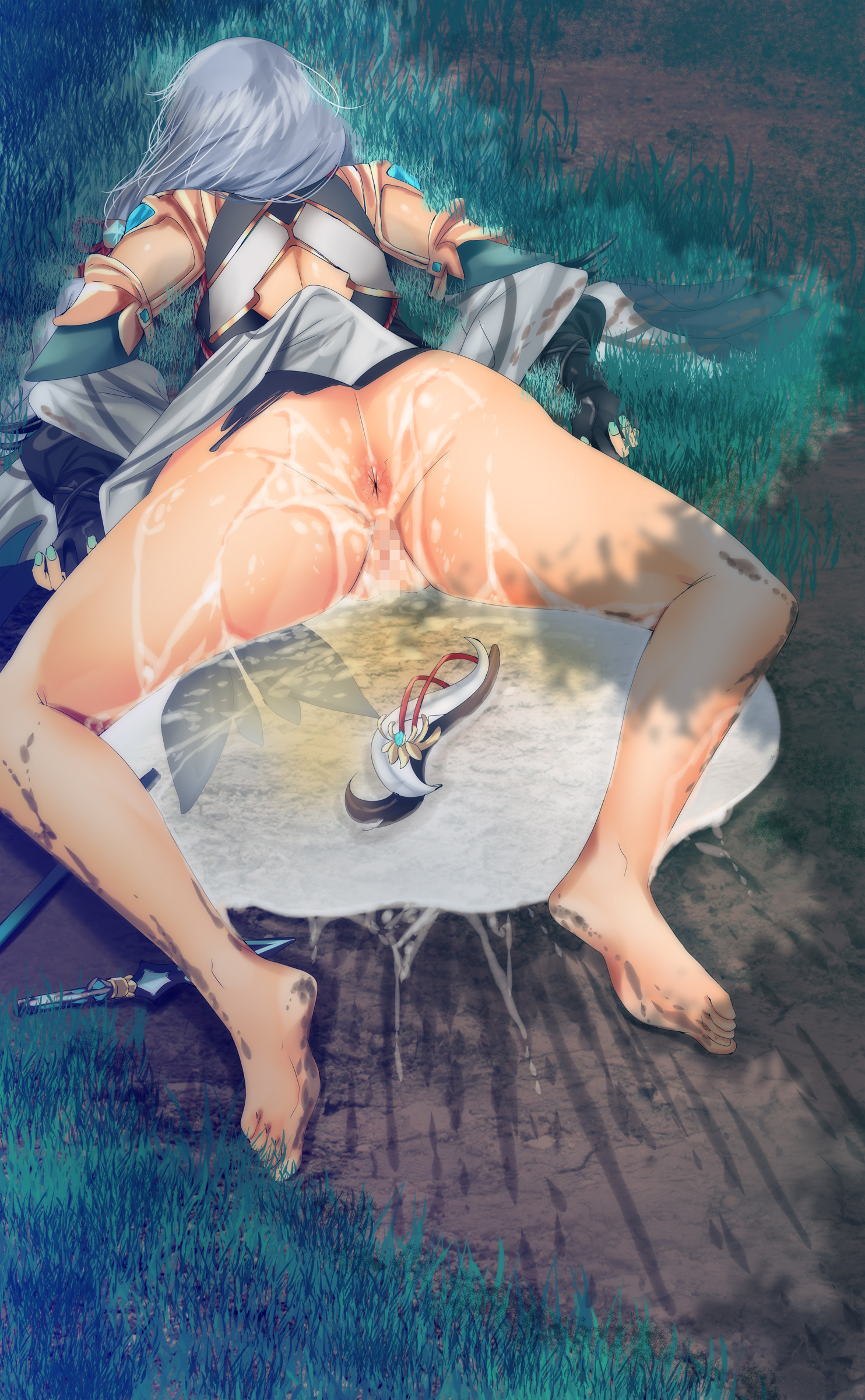1girls, after rape, after sex, aftermath, anus, ass, asshole, bad id, barefoot, blue nails, broken rape victim, broken weapon, censored, clothed, clothed sex, cum, cum in pussy, cum inside, cum on ass, cum on thighs, cum puddle, dirty, discarded, exposed pussy, female, female only, fucked senseless, full body, fully clothed, fumihiko (pixiv2658856), genshin impact, grass, long hair, lying, lying on stomach, messy hair, mosaic censoring, on ground, on stomach, outdoors, passed out, pussy, rape, shenhe (genshin impact), sleeping, solo, spear, thrown away, unconscious, used, white hair