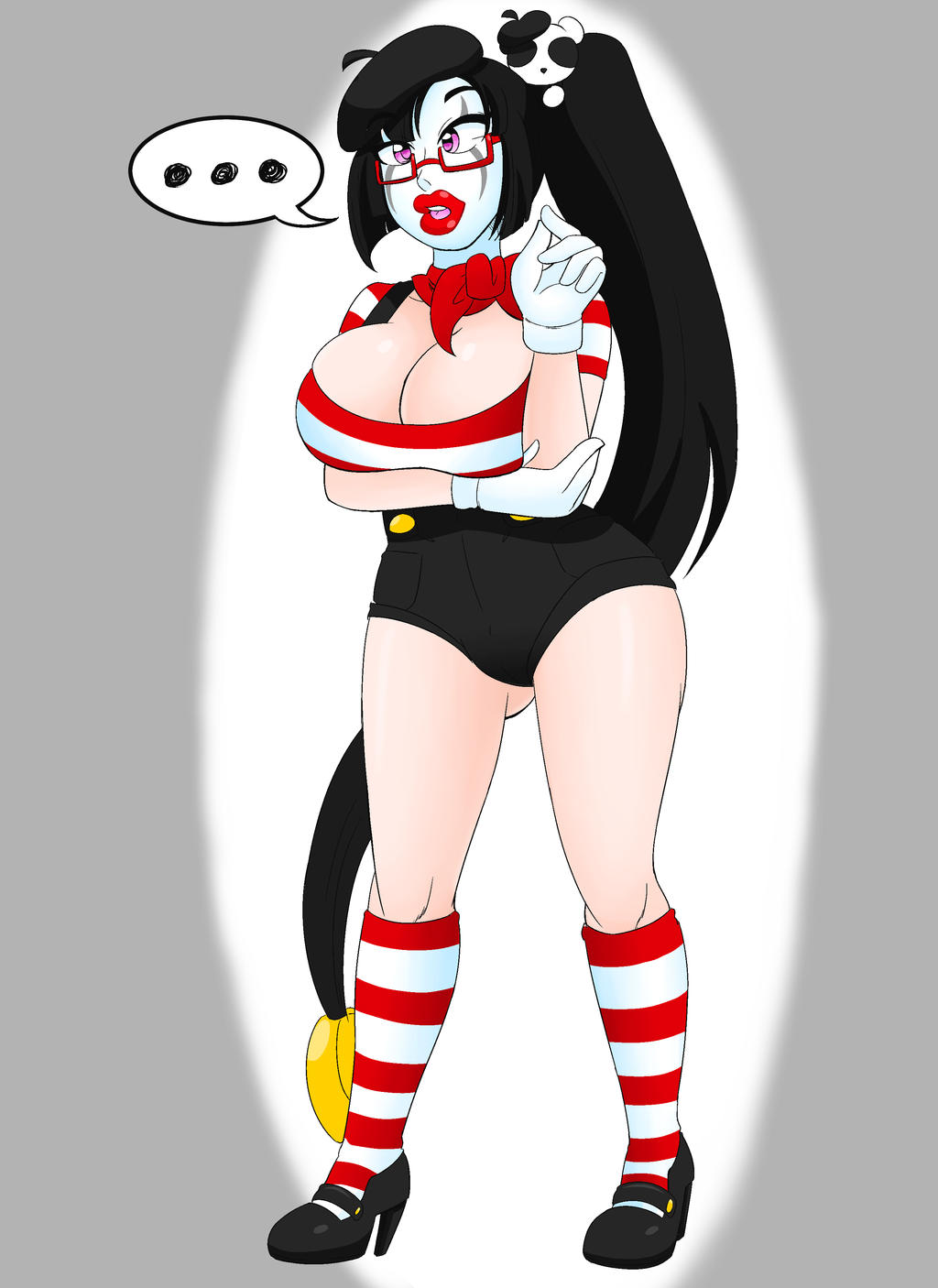 black_hair blazblue bow breasts cleavage clown clown_girl female_only femsub gloves hat high_heels hypnosis kobi-tfs kobi94 large_breasts lipstick litchi_faye_ling mime mind_control open_mouth pink_eyes ring_eyes short_shorts socks solo