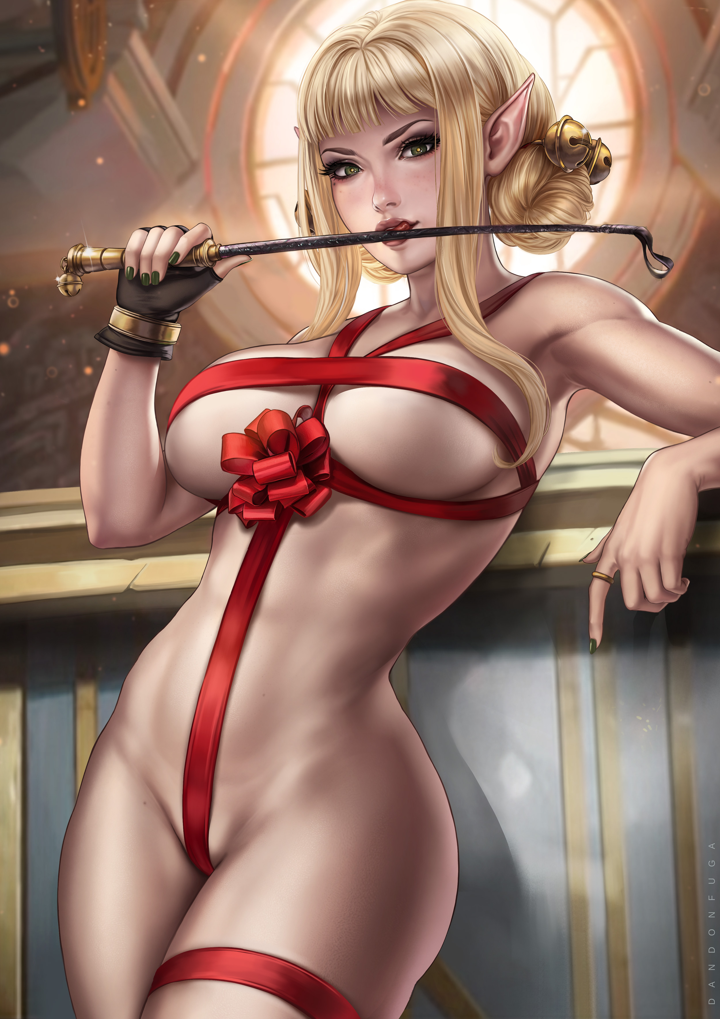1girls, abs, armpit, arms up, bangs, big breasts, blonde hair, breasts, child bearing hips, choker, christmas, chumi (dandon fuga), collar, completely nude, covered nipples, covering, covering breasts, covering crotch, covering pussy, dandon fuga, elf, elf ears, elf female, female, female focus, female only, fingerless gloves, fit, fit female, freckles, gloves, green eyes, green nail polish, green nails, hair bun, hair buns, hair ornament, hips, holding whip, jingle bell, jingle bells, large breasts, licking, licking object, light skin, light-skinned female, looking at viewer, mature, mature female, medium hair, nail polish, nails, naked ribbon, name tag, nude, nude female, original, original character, pointy ears, pussy, ribbon, ribboned body, ring, slim female, slim waist, solo, solo female, solo focus, standing, thick thighs, thighs, toned, toned female, tongue, tongue out, whip, wide hips