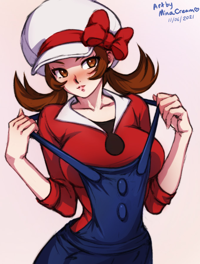 1girls, alternate breast size, breasts, brown eyes, brown hair, brown-haired female, female, female only, hat, large breasts, lyra (pokemon), medium hair, minacream, pokemon, pokemon hgss, solo, suspenders, twintails, undressing, upper body