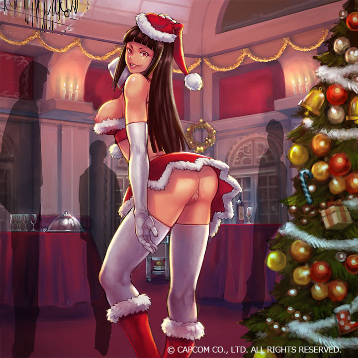 alternate hairstyle, black hair, breasts, christmas, covering one nipple, edit, female, juri han, nipples, nude, partially clothed, pussy, red eyes, seductive, smile, street fighter, street fighter v, uncensored, vagina