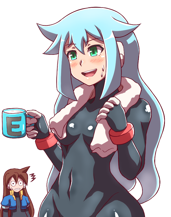 1girls ashe_(megaman_zx) blue_hair blush earpiece fingerless_gloves green_eyes mega_man mega_man_zx_advent mug noburockman skinsuit towel vent_(mega_man)