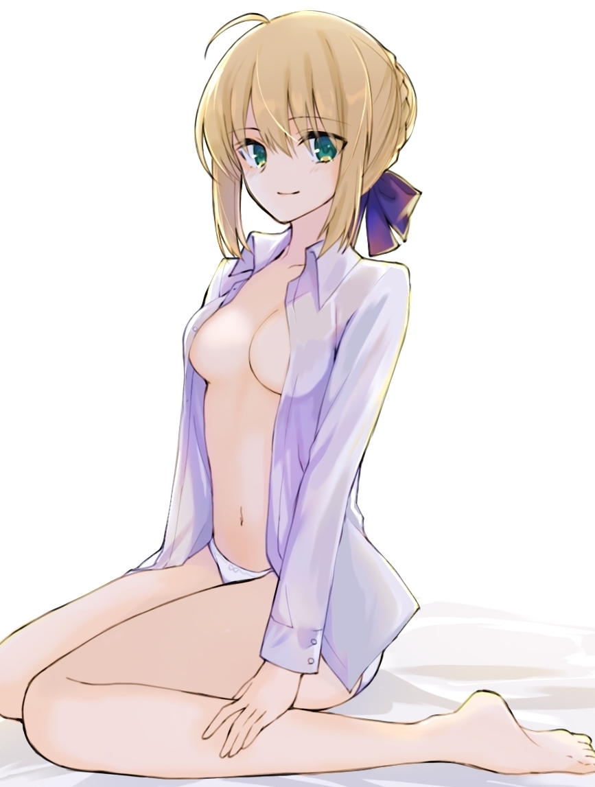 ahoge, artoria pendragon, artoria pendragon (fate), bangs, barefoot, bow, breasts, closed mouth, eyebrows visible through hair, fate (series), fate/stay night, female, green eyes, hair bun, hairbow, hand on own leg, kneeling, long sleeves, looking at viewer, maru (pixiv51714255), medium breasts, navel, open clothes, open shirt, panties, saber, smile, soles, solo, underwear, white panties