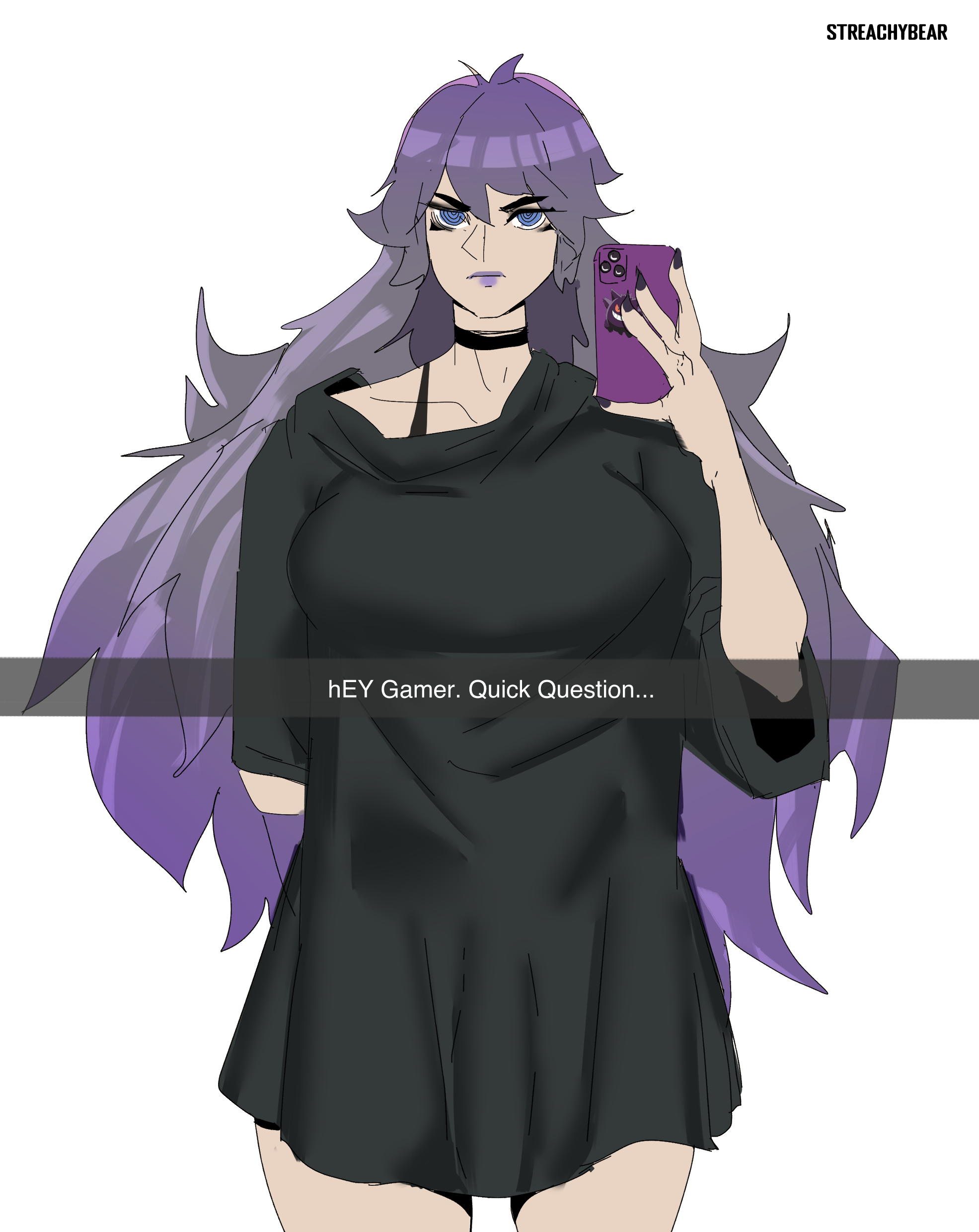 1futa, alternate breast size, baggy clothing, big breasts, bottomless, breasts, clothed, clothing, fully clothed, futa only, futanari, hex maniac, human, intersex, large breasts, light skin, light-skinned futa, looking at viewer, pale skin, pokemon, pokemon xy, selfie, solo, standing, streachybear, text, thick thighs, wide hips