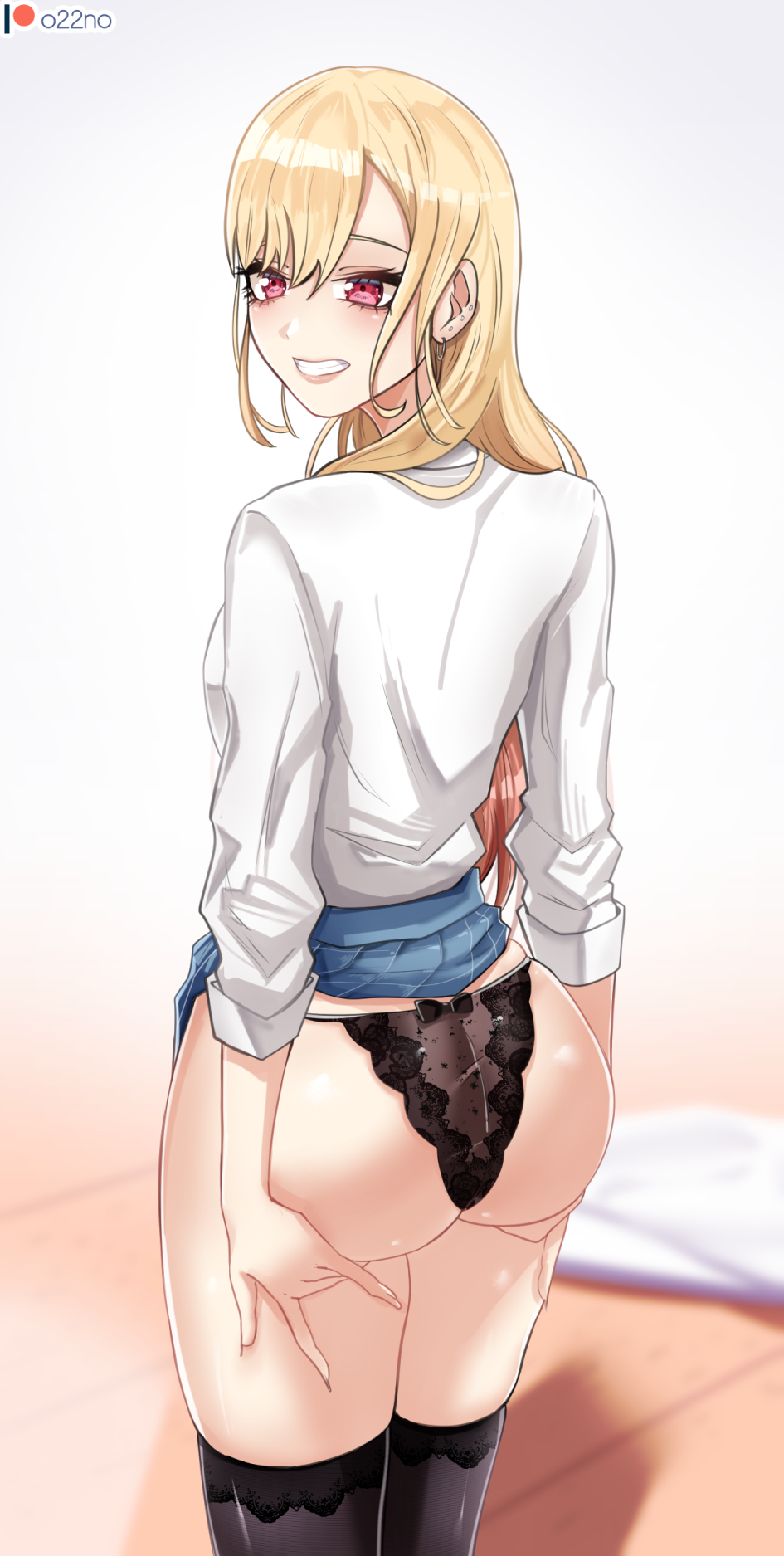1girls, ass, big ass, big butt, blonde hair, breasts, female, grabbing own breast, gyaru, kitagawa marin, long hair, o22no, panties, pink eyes, skirt, skirt lift, smile, solo, sono bisque doll wa koi wo suru, standing, thighhighs, thighs