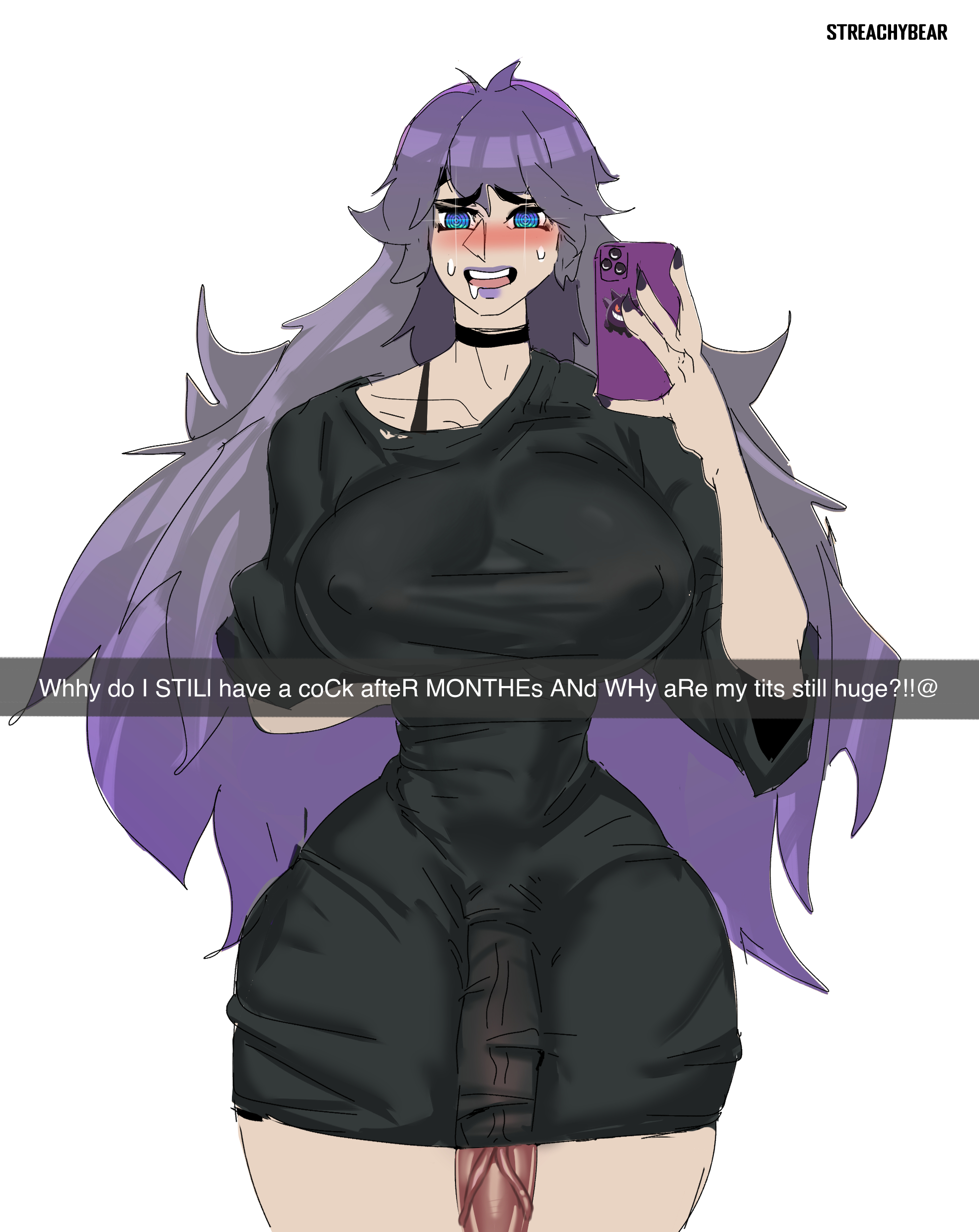 1futa, alternate breast size, arm behind back, big breasts, bottomless, breasts, bulge, clothed, clothing, erection under clothes, futa only, futanari, hex maniac, human, intersex, large breasts, light skin, light-skinned futa, looking at viewer, mostly clothed, pale skin, penis, penis under clothes, piercing, pokemon, pokemon xy, selfie, solo, standing, streachybear, text, thick thighs, thin waist, tight clothing, tongue, tongue out, wide hips