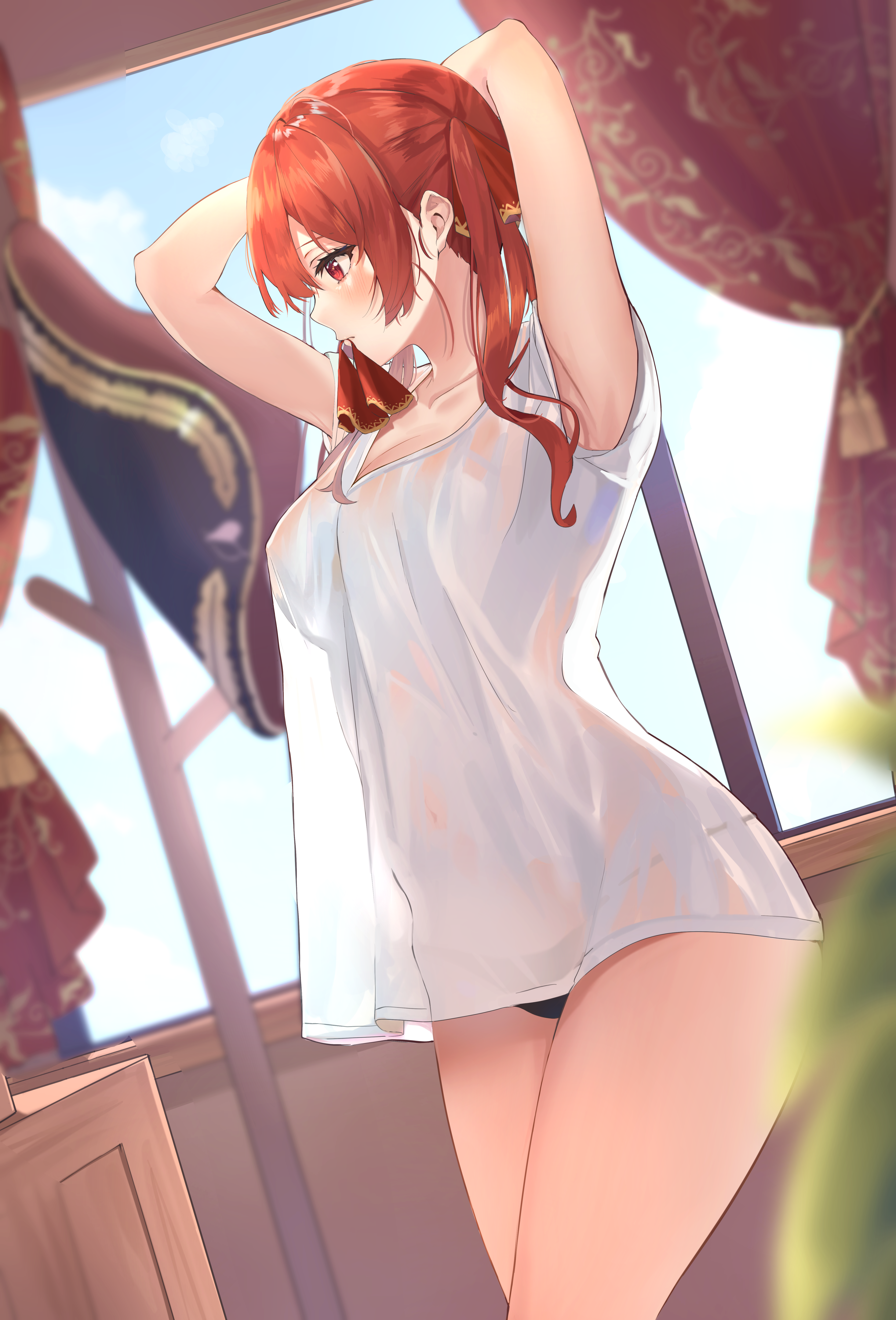 1girls, bangs, blush, blushing, cute, female, female only, hair ribbon, hololive, hololive fantasy, hololive japan, houshou marine, pink, red eyes, ribbon in mouth, see-through, see-through clothing, shiina aoi, solo, twintails, virtual youtuber