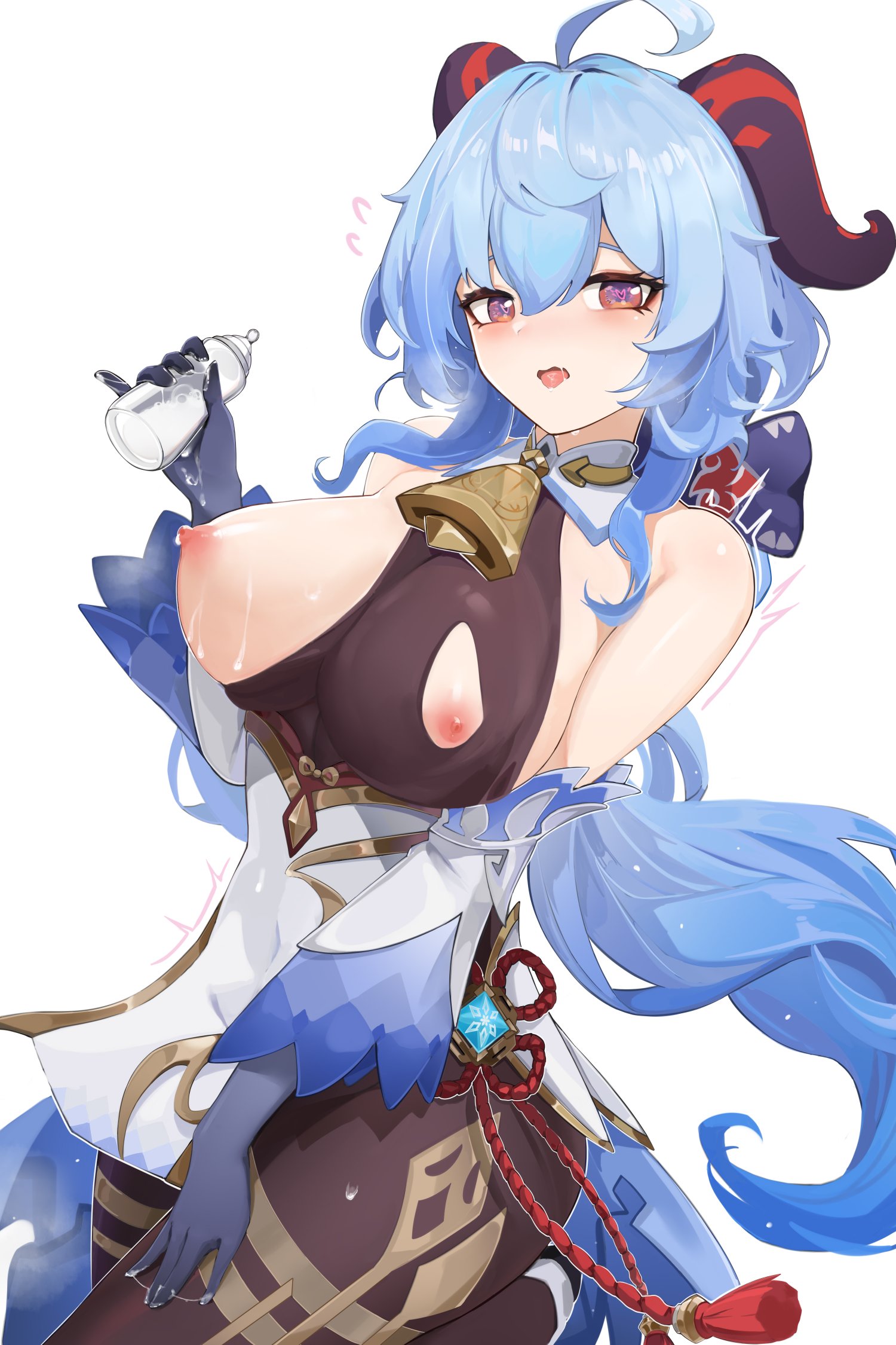 areolae, baby bottle, bangs, bare shoulders, bell, berserker r, blue hair, blush, bodysuit, bottle, breasts, covered nipples, cowbell, cum, cum in container, cum on body, cum on breasts, cum on hands, detached sleeves, eyelashes, female, flying sweatdrops, ganyu (genshin impact), genshin impact, gloves, goat horns, hair between eyes, hand on hip, heart, heart-shaped pupils, highres, holding, horns, large breasts, light smile, long hair, looking at viewer, low ponytail, milk, open mouth, puffy nipples, shiny, shiny hair, shiny skin, simple background, solo, standing, sweatdrop, symbol-shaped pupils, tassel, torn bodysuit, torn clothes, white background
