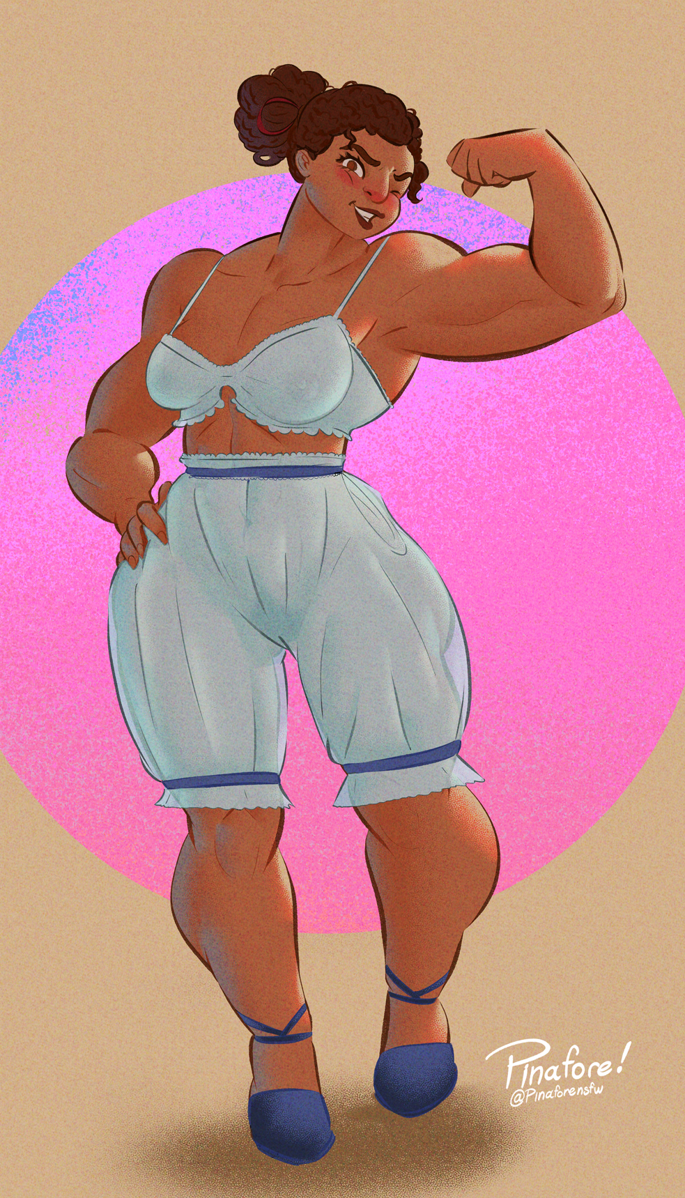 1girls, bloomers, blush, bra, breasts, disney, encanto, female, female only, flexing, latina, luisa madrigal, muscles, muscular, muscular female, pinafore (artist), pubic hair, pussy, see-through, see-through clothing, text, underwear