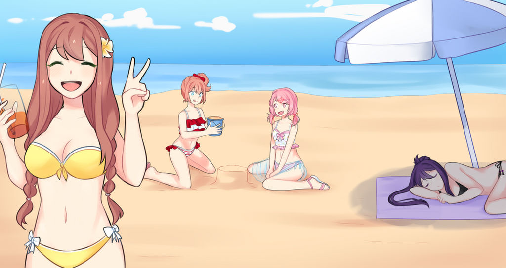 4girls, beach, beach towel, beach umbrella, bikini, bikini skirt, black bikini, black bikini bottom, black bikini top, blue eyes, bucket, cleavage, closed eyes, doki doki literature club, female, female only, fucknah, light brown hair, light skin, light-skinned female, long hair, monika (doki doki literature club), multiple females, multiple girls, natsuki (doki doki literature club), navel, pale skin, pale-skinned female, pink eyes, pink hair, purple hair, red bikini, sand, sayori (doki doki literature club), shadow, short hair, strawberry blonde hair, umbrella, water, wholesome, yellow bikini, yellow bikini bottom, yellow bikini top, yuri (doki doki literature club)