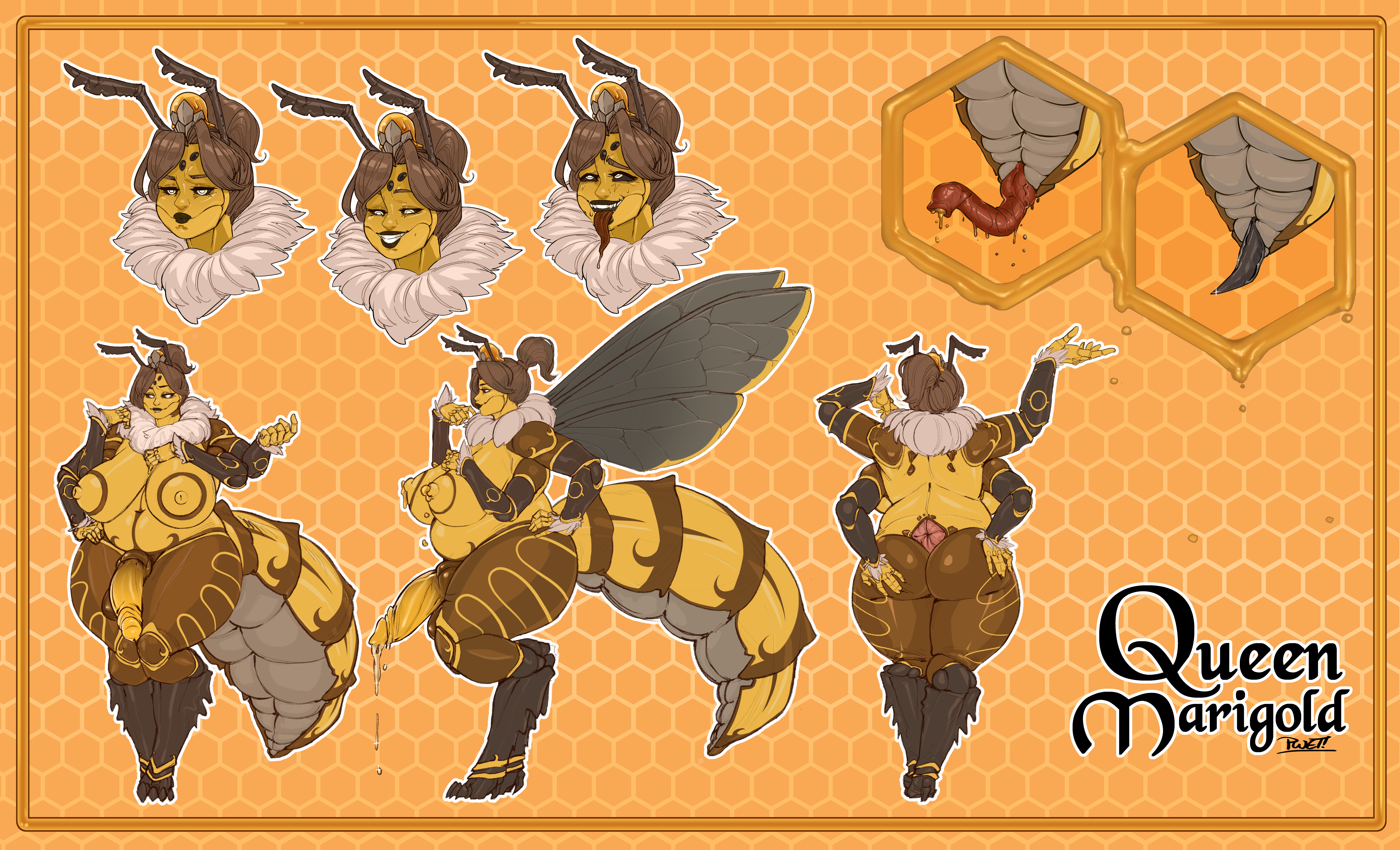 1futa, ahe gao, antennae, arcquosnsfw, areolae, arthropod, ass, balls, bee girl, big balls, big breasts, big penis, breasts, busty, character sheet, curvaceous, curvy, curvy female, dickgirl, egg, erection, female, futa only, futanari, hands on hips, huge ass, huge breasts, huge cock, huge thighs, humanoid, hybrid penis, hymenopteran, intersex, knot, large breasts, looking at viewer, monster girl, nipples, nude, ovipositor, penis, precum, precum drip, queen, queen marigold, royalty, smug, solo, testicles, thick thighs, wings, yellow body, yellow skin