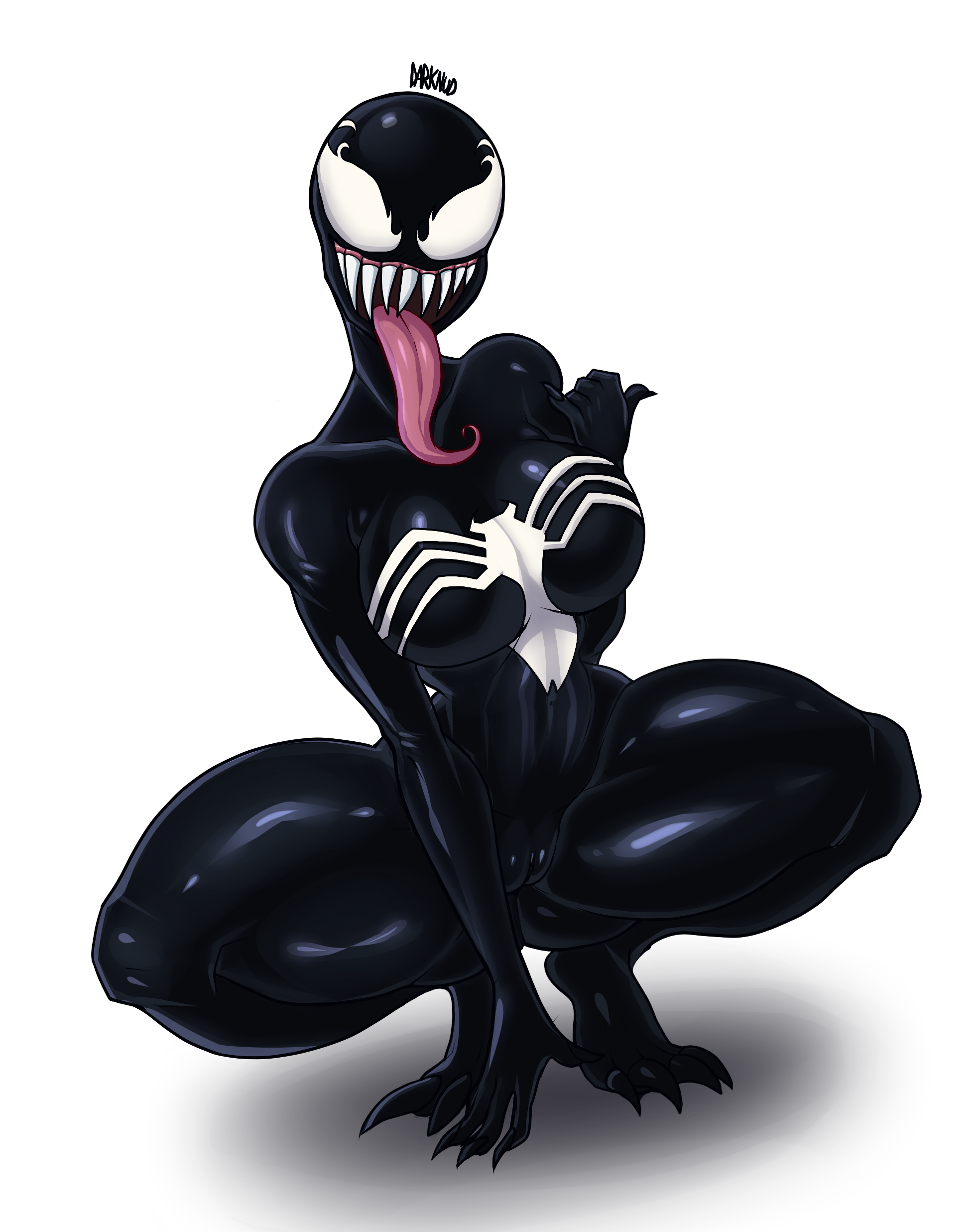 2018, absurd res, alien, biped, breasts, cameltoe, darknud, digital media (artwork), female, hi res, humanoid, long tongue, mammal, marvel, marvel comics, open mouth, pussy, sharp teeth, she-venom, simple background, smooth skin, solo, spider-man (series), spread legs, spreading, symbiote, teeth, tongue, tongue out, venom (marvel), white background