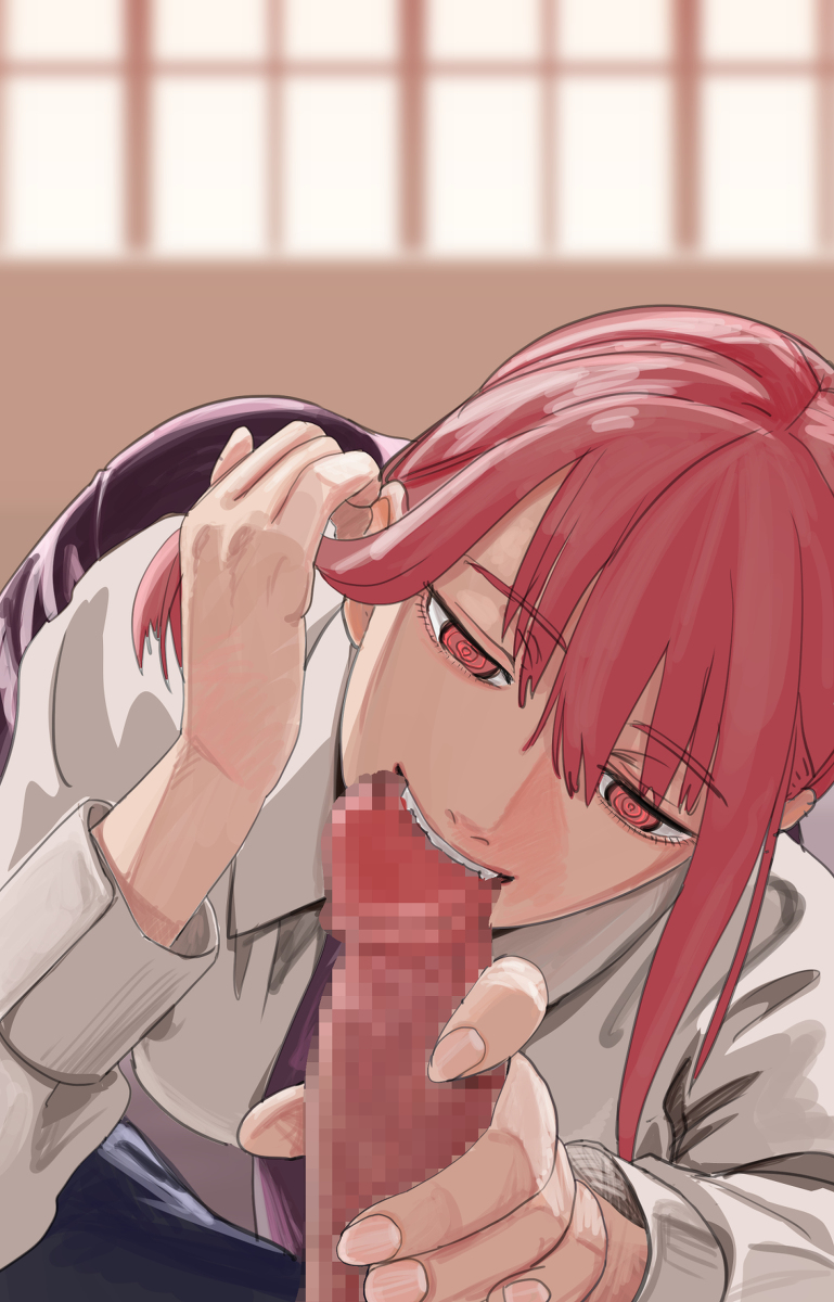 bite, biting, blowjob, chainsaw man, female, licking penis, makima (chainsaw man), male, oral, penis, red hair, yellow eyes