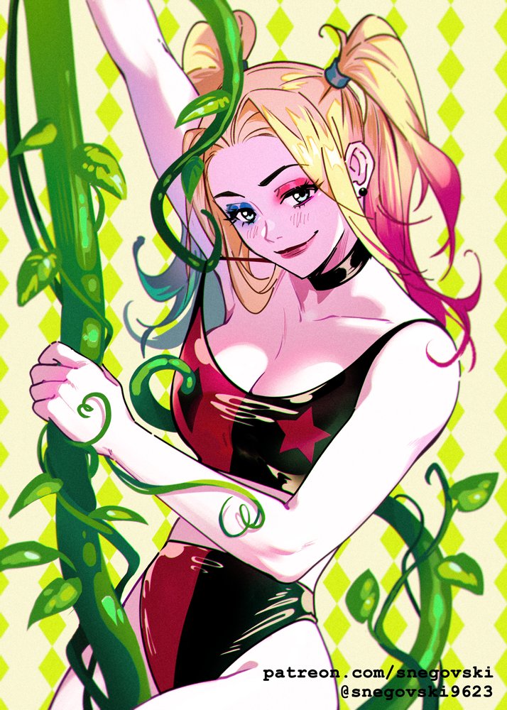 1girls arm_up blonde_hair blue_eyes blush bodysuit breasts choker cleavage clothed comment_section dc dc_comics eyeshadow female female_only harley_quinn harley_quinn_(series) lipstick looking_at_viewer makeup pale-skinned_female petite plant poison_ivy smile smiling_at_viewer snegovski solo tied_hair