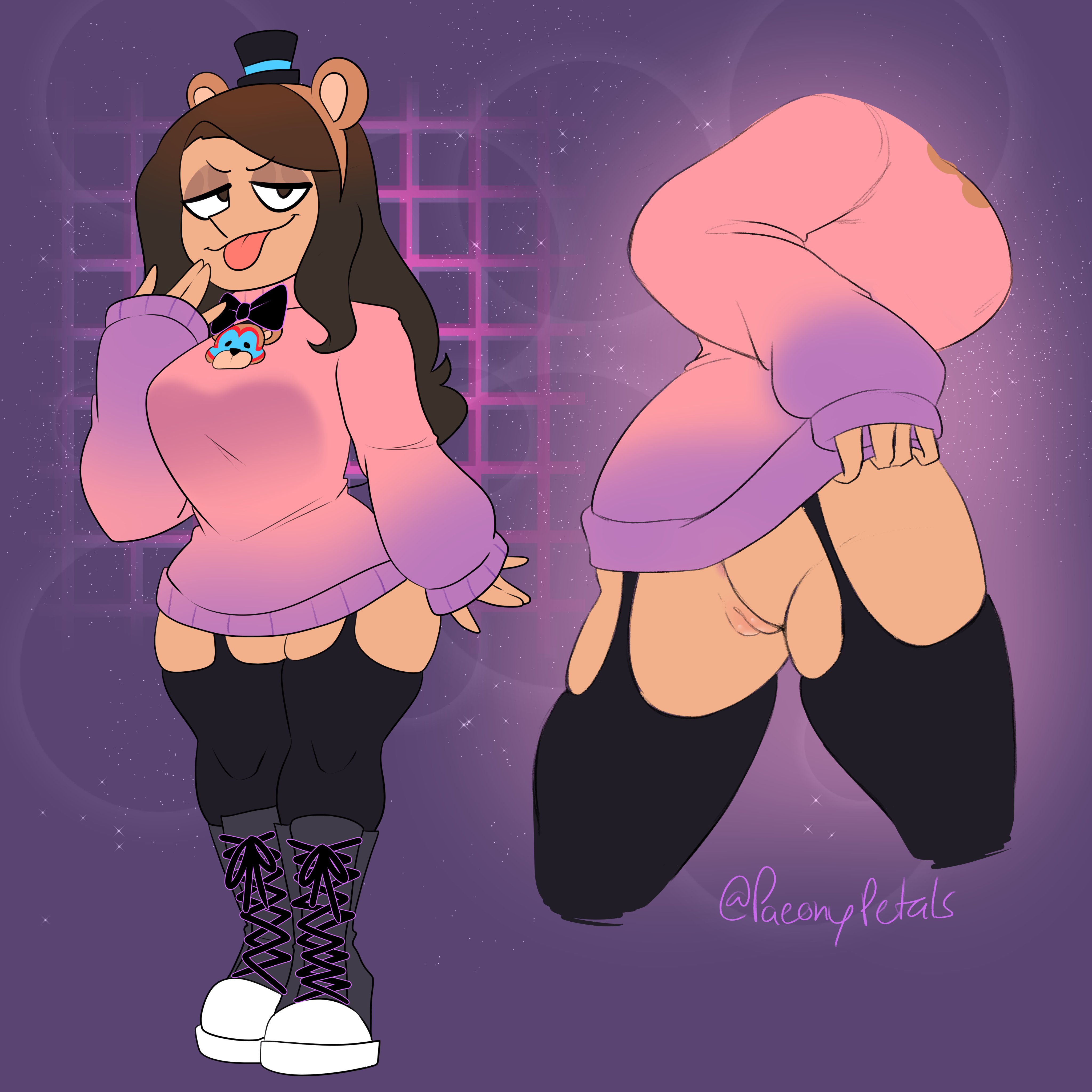 1girls, 2022, artist name, artist signature, ass, back, back view, brown hair, dark skin, dark-skinned female, female, female focus, female only, five nights at freddy's, five nights at freddy's: security breach, hair, highres, human, lizielewddle, lizielewddle (character), looking at viewer, peonypetals, pussy, self insert, solo, sweater, sweater lift, tongue, tongue out, vagina, vulva