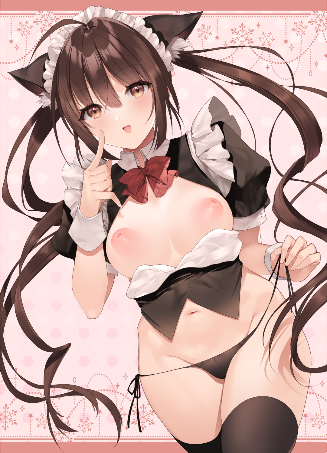 :d, ahoge, animal ear fluff, animal ears, bangs, bikini, black legwear, black panties, blush, bow, bowtie, breasts, breasts out, brown eyes, brown hair, cat ears, cleavage cutout, clothing cutout, cowboy shot, dutch angle, eyebrows visible through hair, fake animal ears, female, finger to own chin, frills, groin, hair between eyes, highres, inverted nipples, kurumi moka, long hair, looking at viewer, maid, maid bikini, maid headdress, medium breasts, midriff, navel, nipples, open mouth, original, panties, red bow, red bowtie, ringlets, short sleeves, side-tie panties, sidelocks, smile, solo, standing, swimsuit, thighhighs, thong, twintails, underwear, very long hair, wrist cuffs