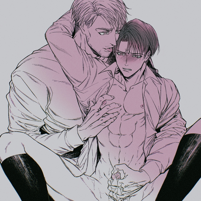 2boys arm_around_neck attack_on_titan blush bodily_fluids cum erwin_smith gay genital_fluids genitals hand_on_penis levi levi_ackerman male male/male male_only masturbation open_clothes open_shirt penis penis_grab shingeki_no_kyojin tongue yaoi