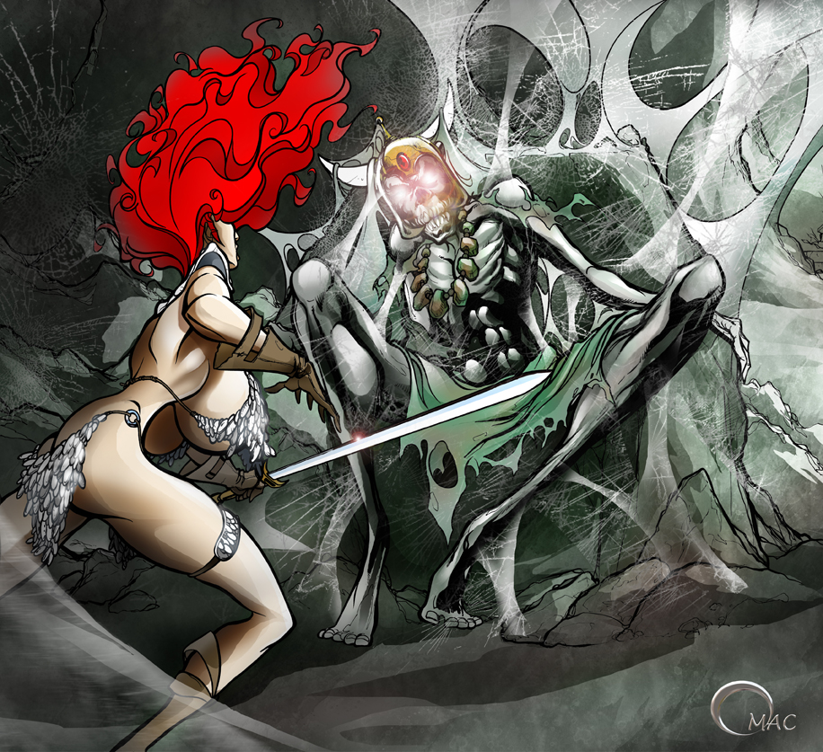 action_pose big_breasts bikini_armor fight huge_breasts omac red_hair red_hair red_sonja skeleton