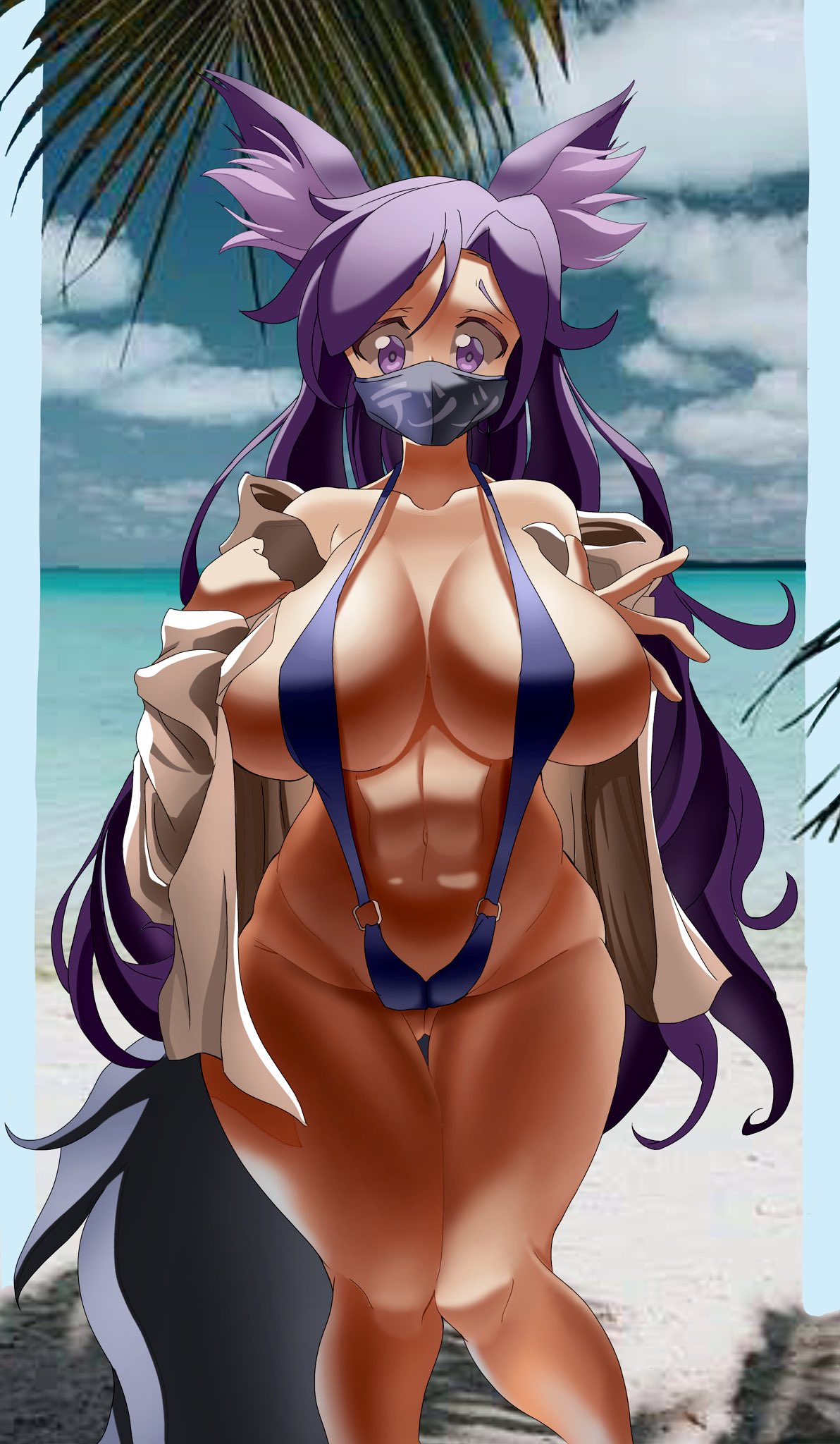 1girls beach big_breasts big_tail breasts cleavage clothing clouds collarbone commission day eroswau face_mask female female_only kemonomimi large_breasts leaves long_hair long_sleeves mitsuki_(hanns33694210) navel ocean open_clothes original original_character outside pale-skinned_female pale_skin public purple_ears purple_eyes purple_hair purple_tail sand sky sleeves sling_bikini solo solo_female standing stomach thick_thighs thighs tree very_long_hair water wolf_ears wolf_girl wolf_tail