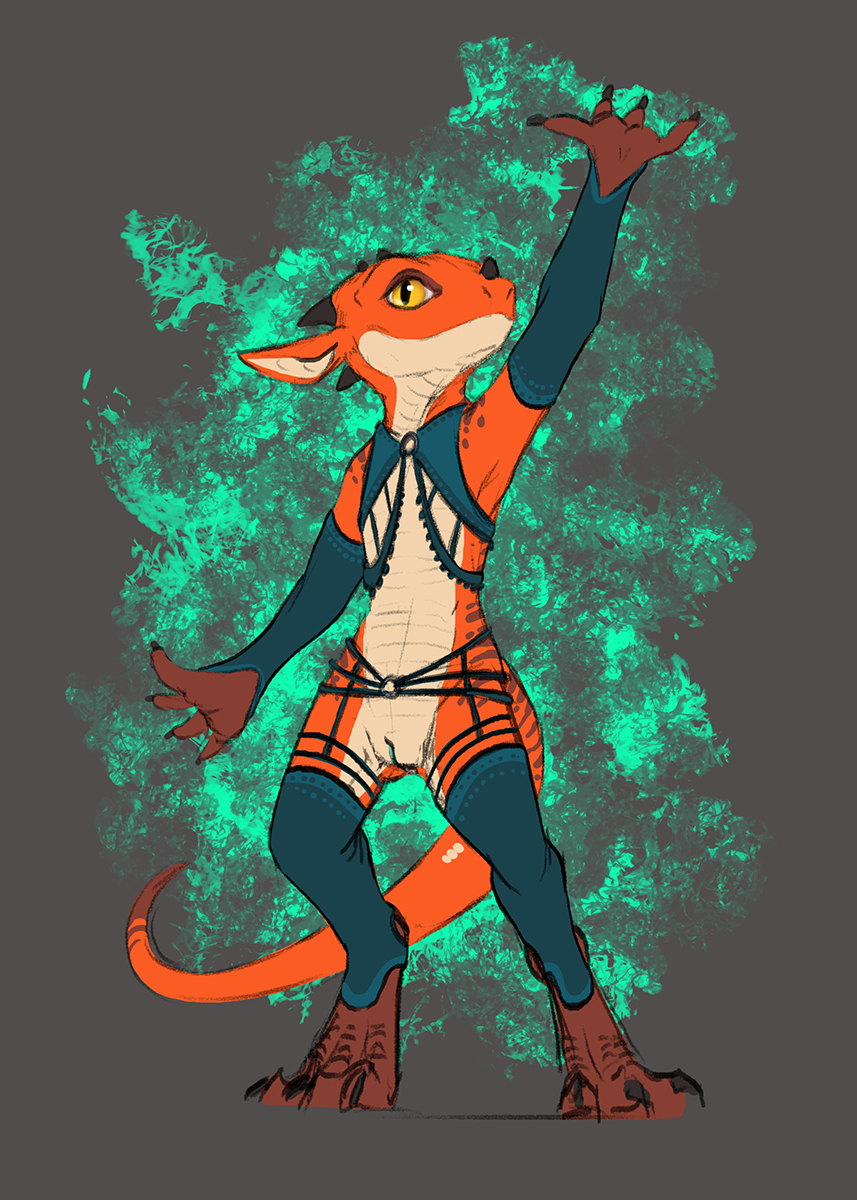 2022 anthro citrus_(character) clothing female flamespitter flat_chested genitals hi_res horn kobold legwear lingerie looking_at_viewer mostly_nude pose presenting pussy scales scalie solo standing stockings yellow_eyes