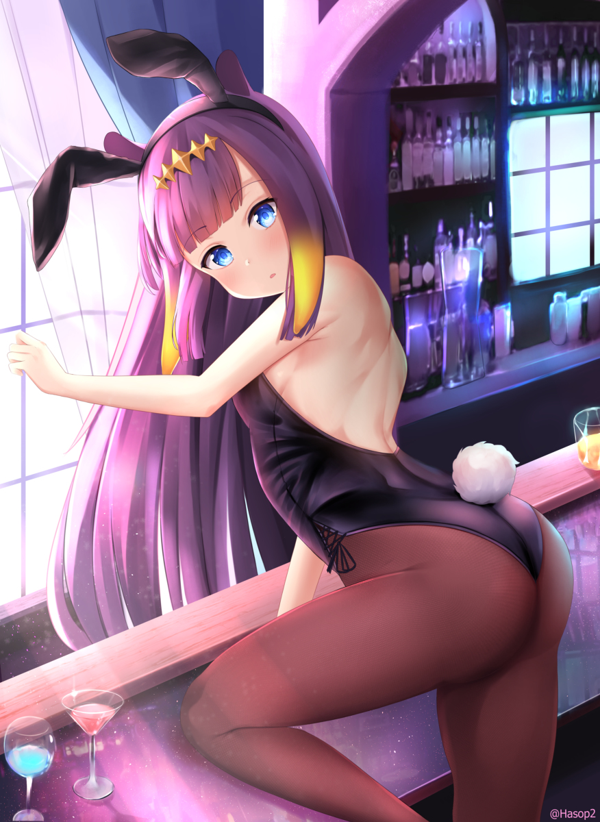 1girls, artist request, ass, bar, bare back, big ass, blue eyes, blush, blushing at viewer, breasts, bunny ears, bunny girl, bunny tail, bunnysuit, diadem, eyebrows visible through hair, female, female focus, female only, flat chest, flat chested, from behind, from behind position, highres, hololive, hololive english, hololive myth, light skin, light-skinned female, long hair, looking at viewer, multicolored hair, ninomae ina'nis, orange hair, pale skin, pale-skinned female, pantyhose, purple hair, small breasts, tiara, very high resolution, very long hair, virtual youtuber